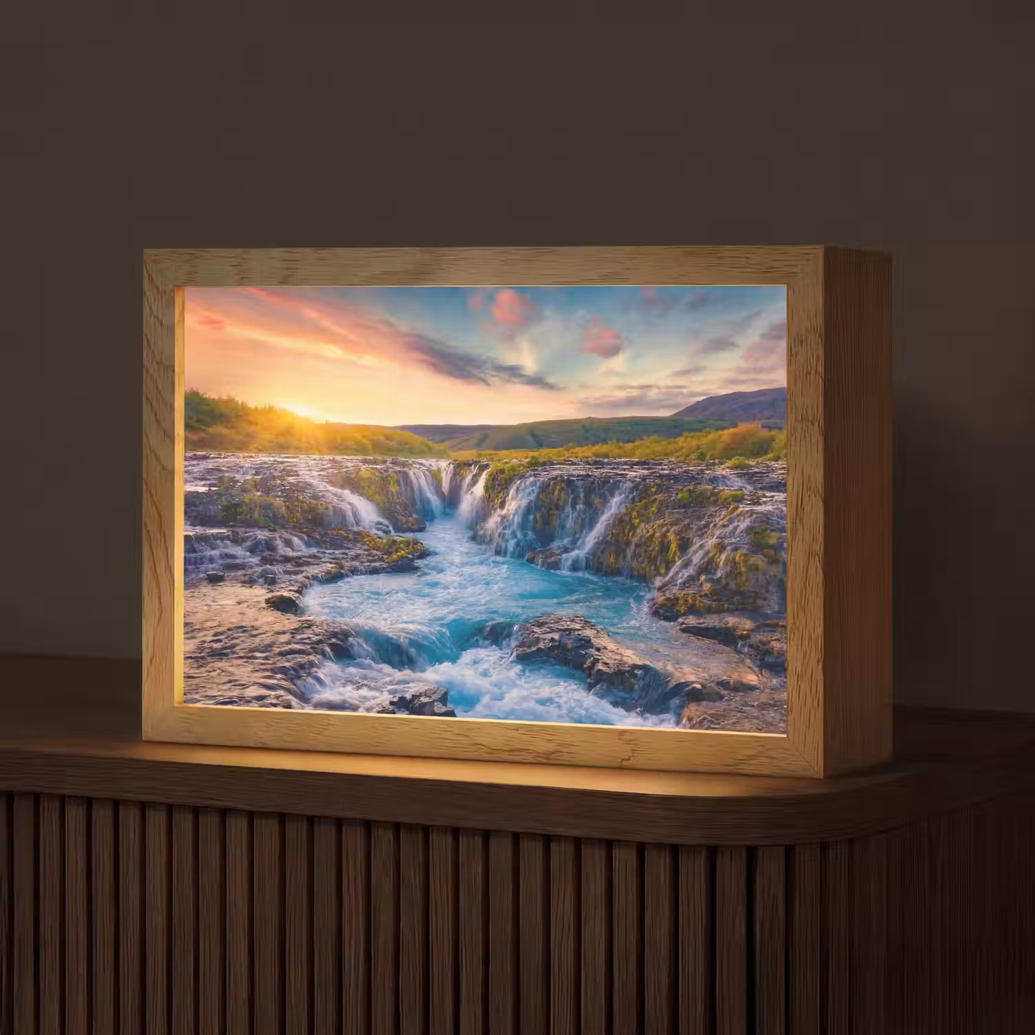 Waterval - Planten - Mos - Landschap - Zonsondergang - Rots Light Box met kabel (Tafellamp) klein -z3d_website