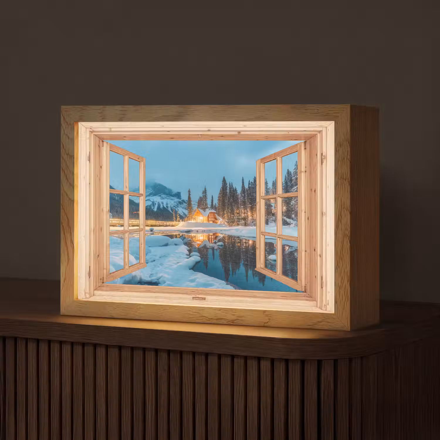 Winterlandschap - Natuur - Huis - Bergen - Doorkijk - Raam Light Box met kabel (Tafellamp) klein -z3d_website