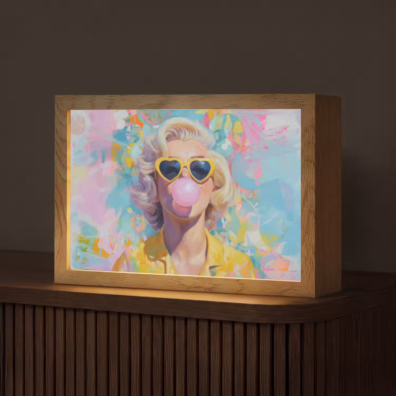 Vrouw - Blond - Roze kauwgom - Kleurrijk - Pastel Light Box met kabel (Tafellamp) klein -z3d_website