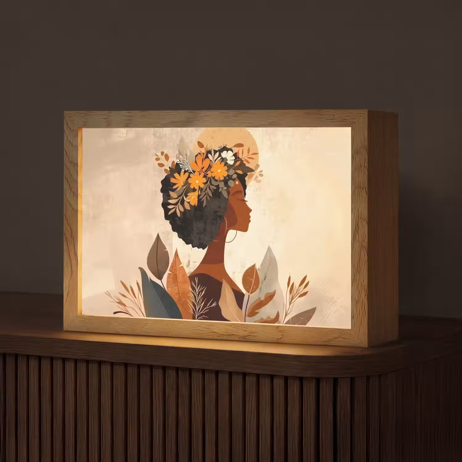 Vrouw - Krullen - Bloemen - Beige Light Box met kabel (Tafellamp) klein -z3d_website
