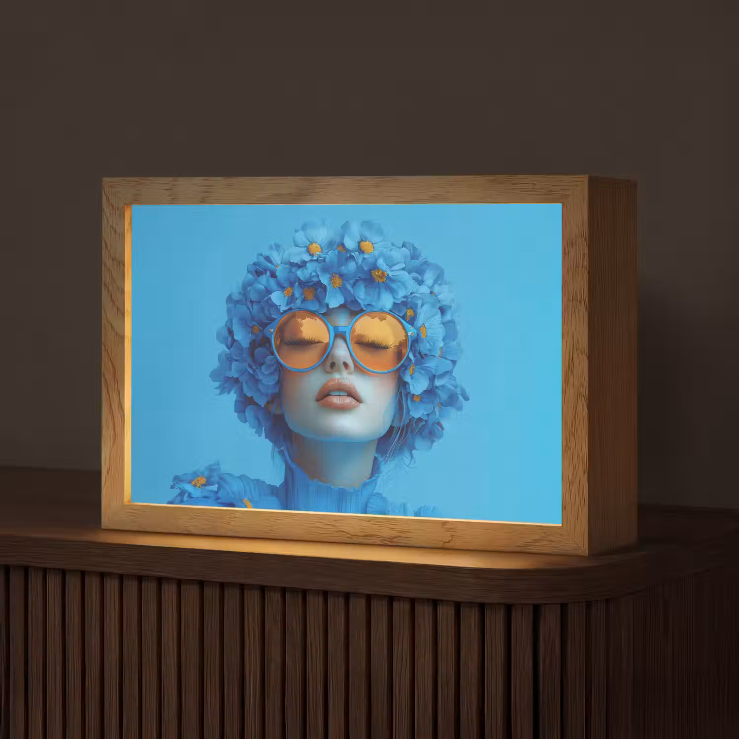 Vrouw - Bloem - Blauw - Modern - Bril - Portret Light Box met kabel (Tafellamp) klein -z3d_website