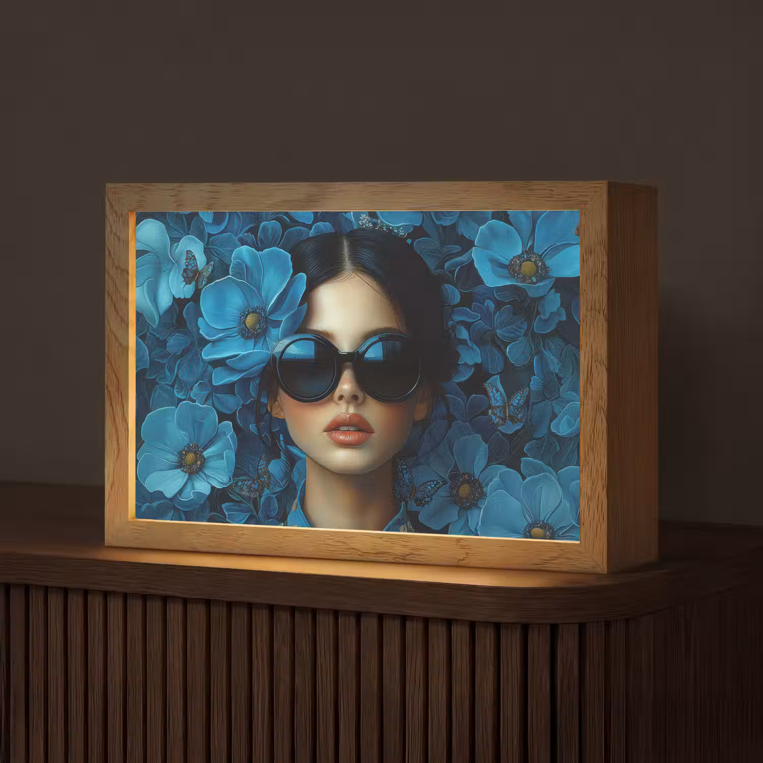 Vrouw - Bloemen - Blauw - Aesthetic - Luxe Light Box met kabel (Tafellamp) klein -z3d_website