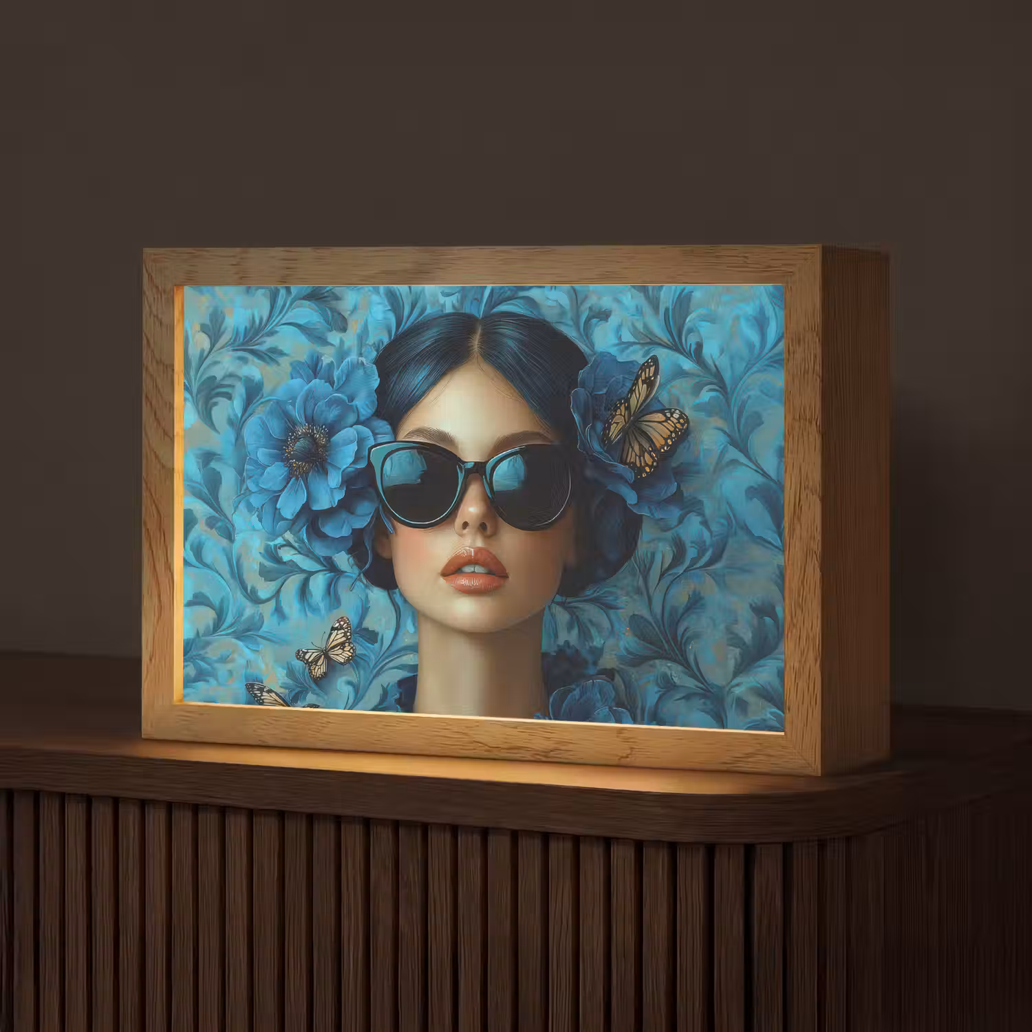 Vrouw - Bloemen - Vlinders - Blauw - Abstract Light Box met kabel (Tafellamp) klein -z3d_website