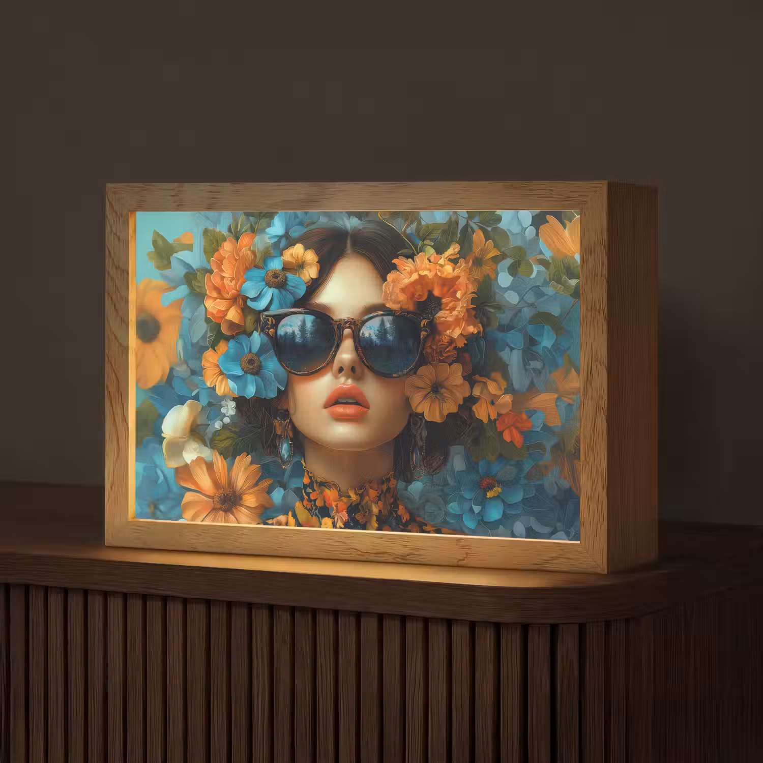 Vrouw - Bloemen - Oranje - Blauw - Modern Light Box met kabel (Tafellamp) klein -z3d_website