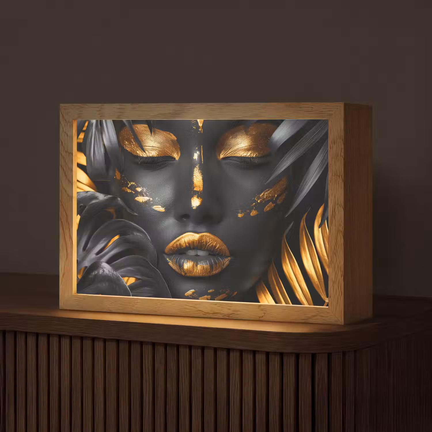 Vrouw - Goud - Natuur - Portret - Modern Light Box met kabel (Tafellamp) klein -z3d_website
