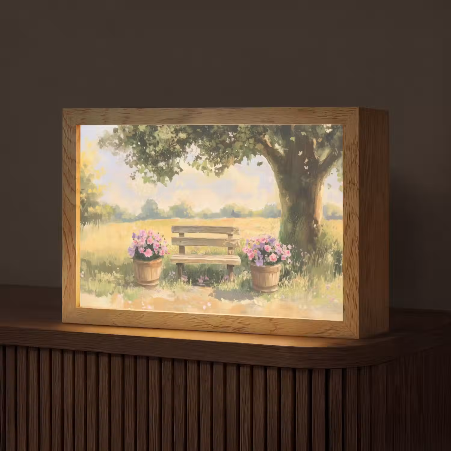 Houten bankje - Bloempotten - Landschap Light Box met kabel (Tafellamp) klein -z3d_website