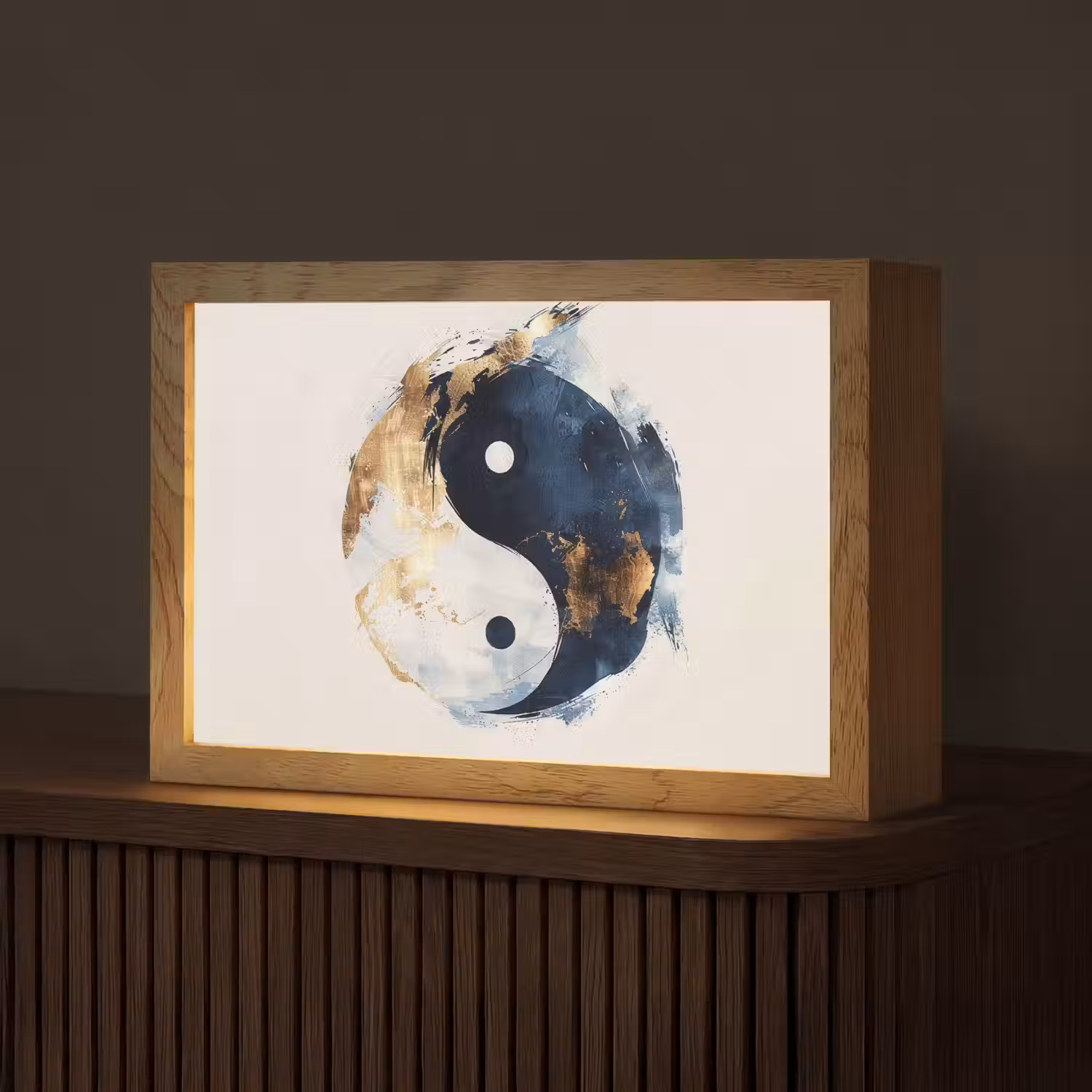 Yin Yang - Abstract - Zwart - Wit - Goud Light Box met kabel (Tafellamp) klein -z3d_website