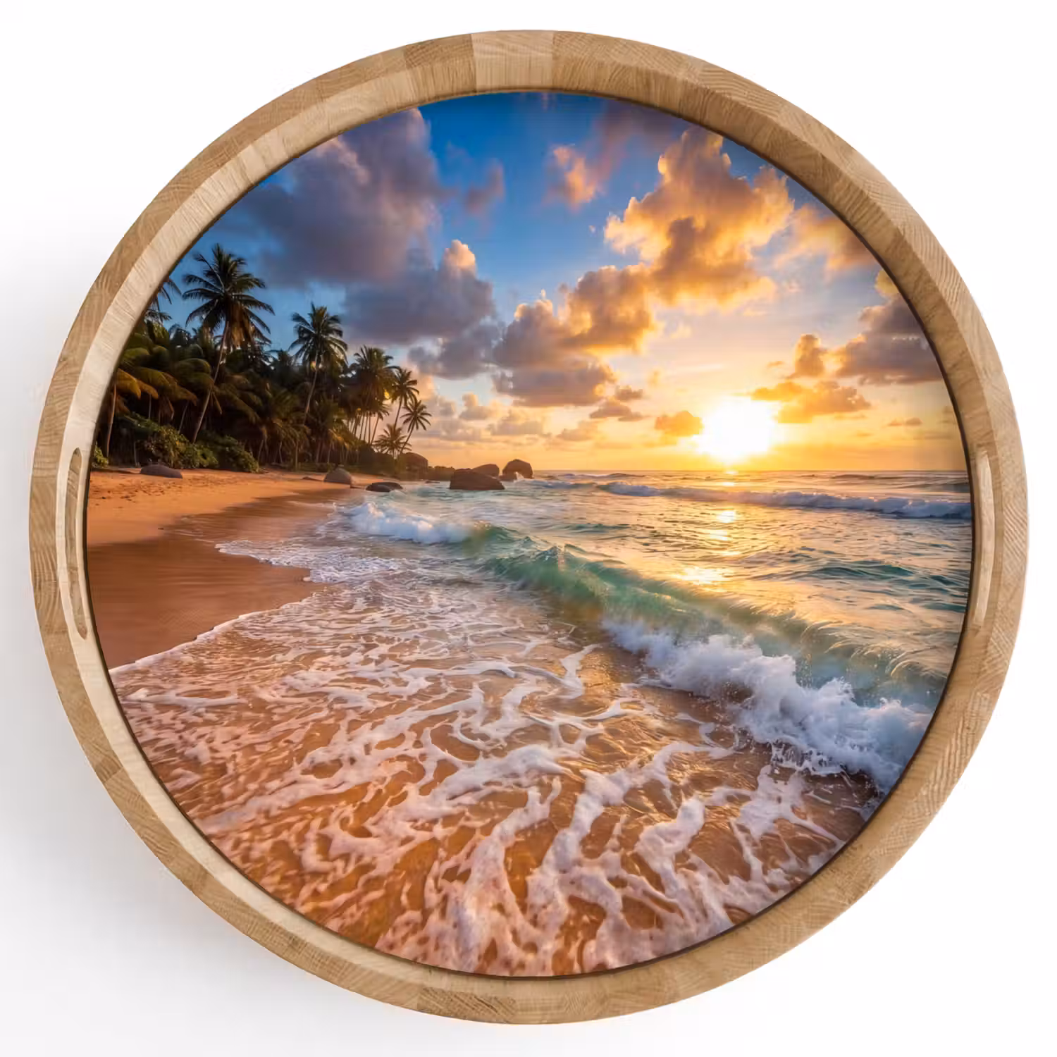 Strand - Zonsondergang - Golven - Natuur - Goud Dienblad Rond middel -z3d_shopping