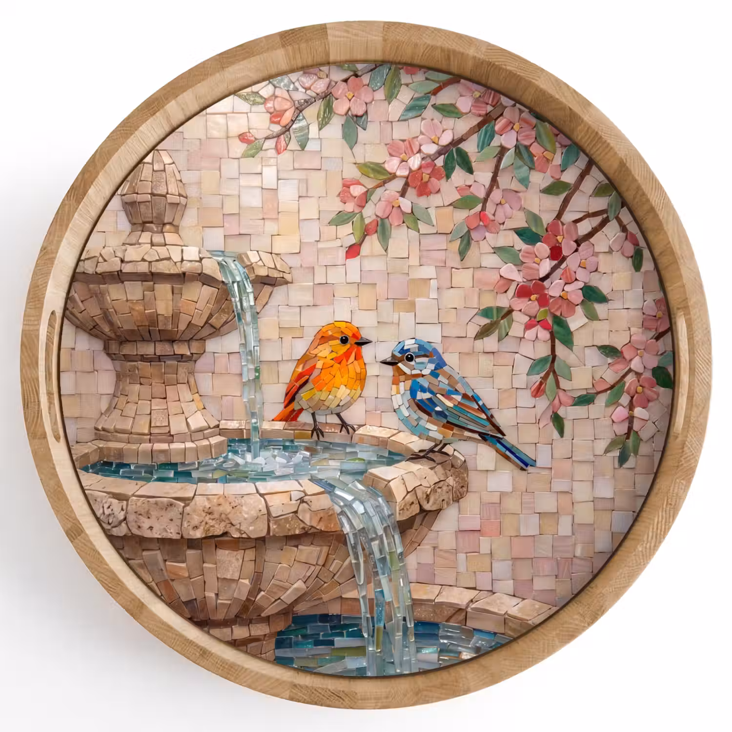 Vogel - fontein - mozaiek - kleurrijk - dieren Dienblad Rond middel -z3d_shopping