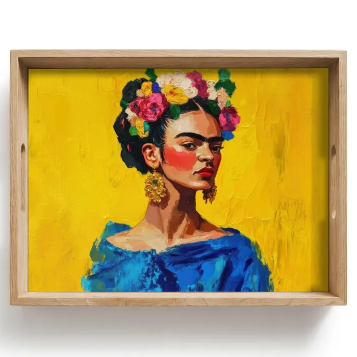 Frida Kahlo - Vrouw - Geel - Blauw - Bloemen Dienblad Rechthoek middel -z3d_shopping