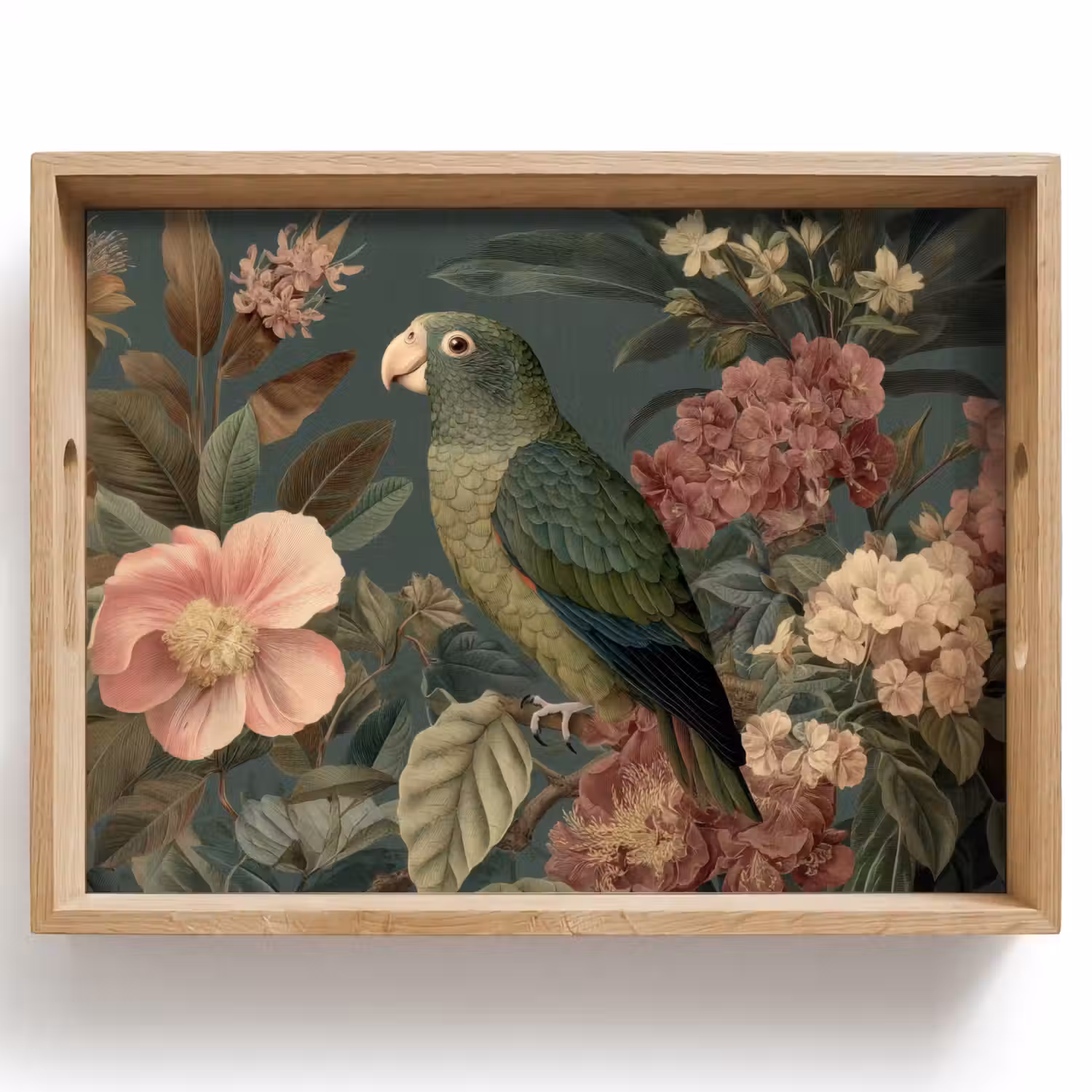 Groene papegaai - Kleurrijke bloemen - Donkere achtergrond Dienblad Rechthoek middel -z3d_shopping