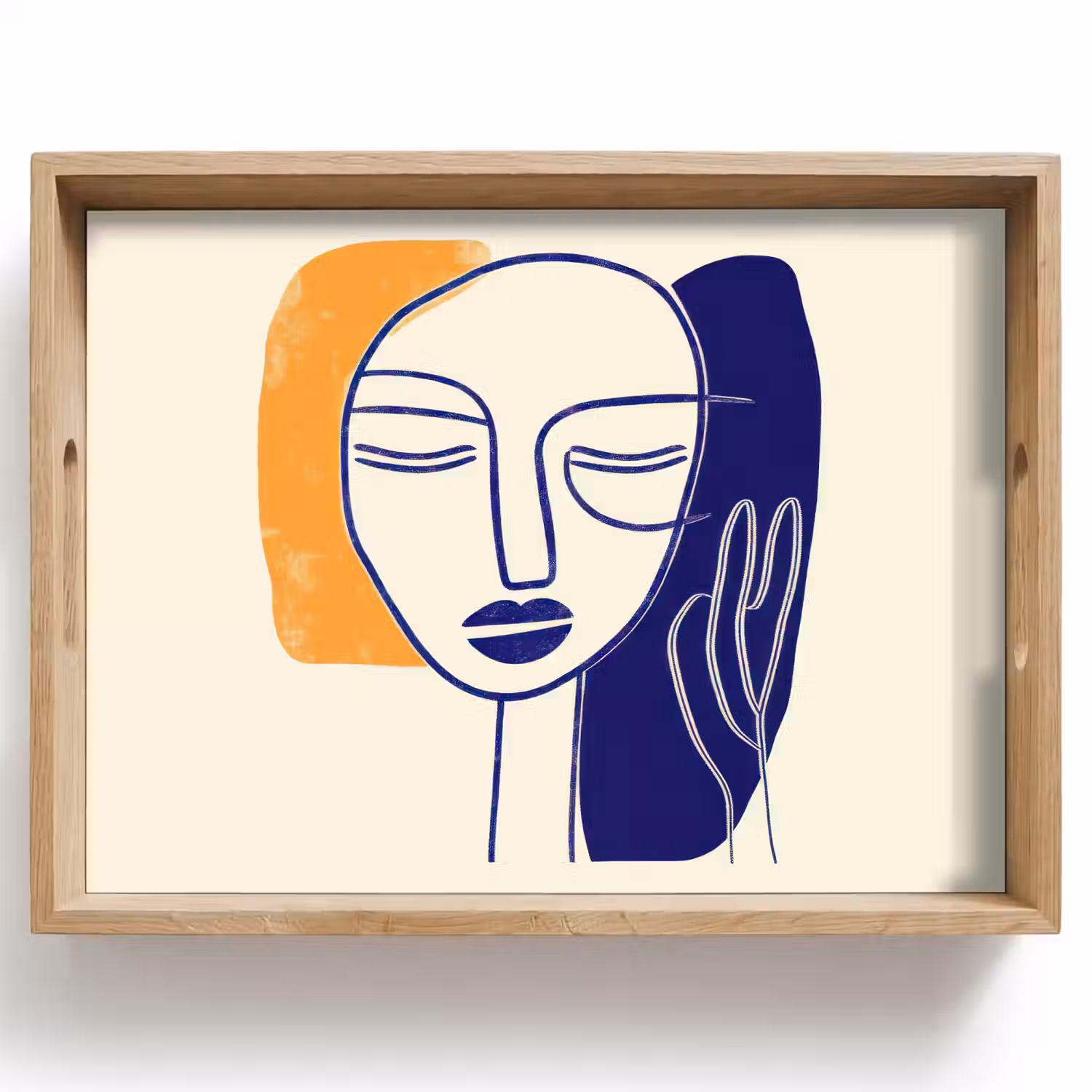 Minimalistisch - Gezicht - Hand - Oranje - Blauw Dienblad Rechthoek middel -z3d_shopping