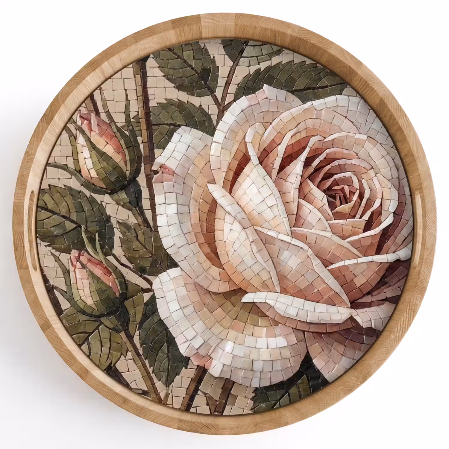 Roos - Mozaïek - Bloemen - Klassiek - Beige Dienblad Rond middel -z3d_shopping