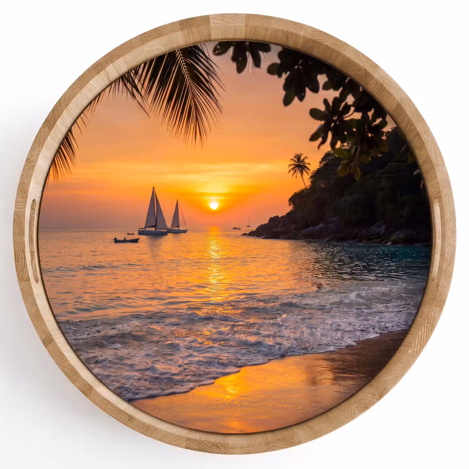 Zee - Zonsondergang - Boot - Natuur - Oranje Dienblad Rond middel -z3d_shopping