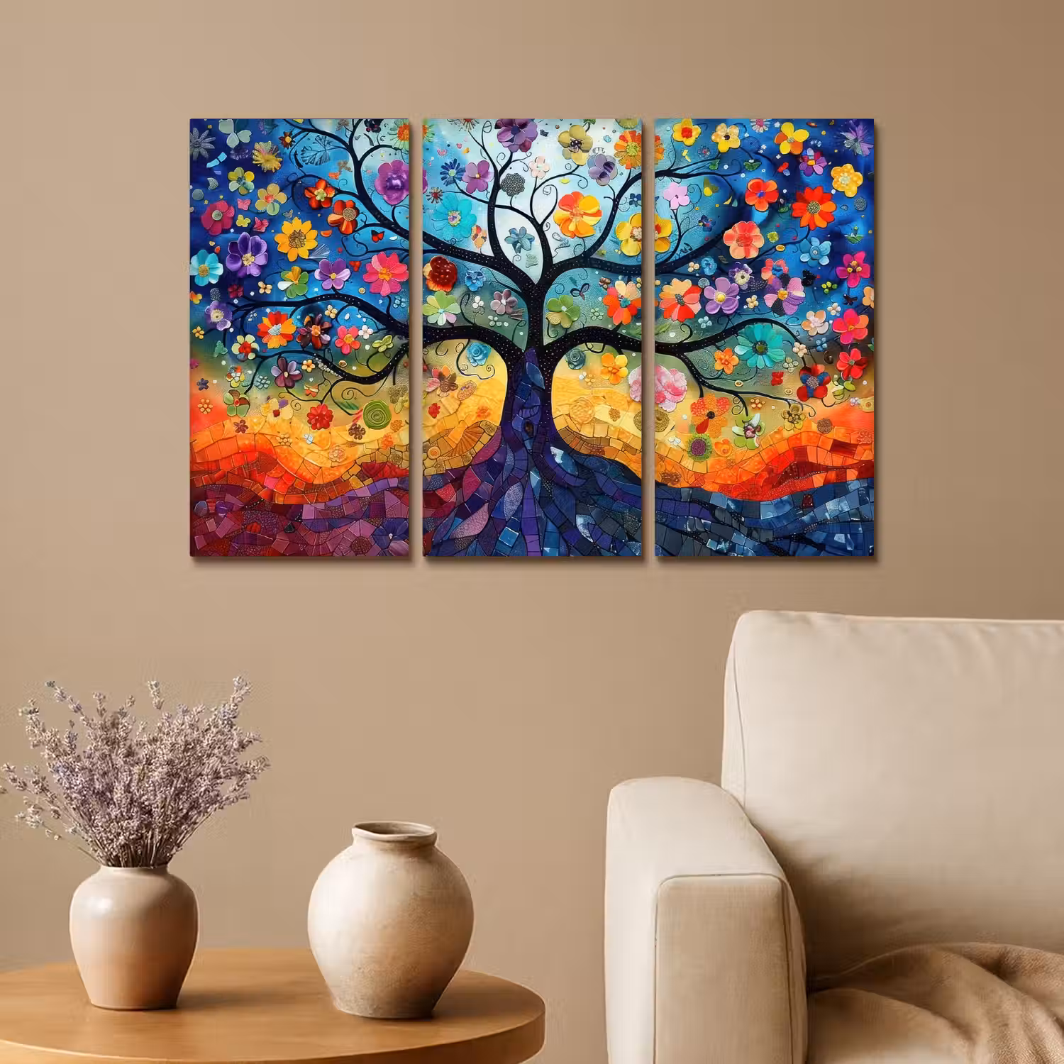Kleurrijk - Levensboom - Bloemen - Abstract Canvas - Meerluiken 3 luik klein -sfeer1