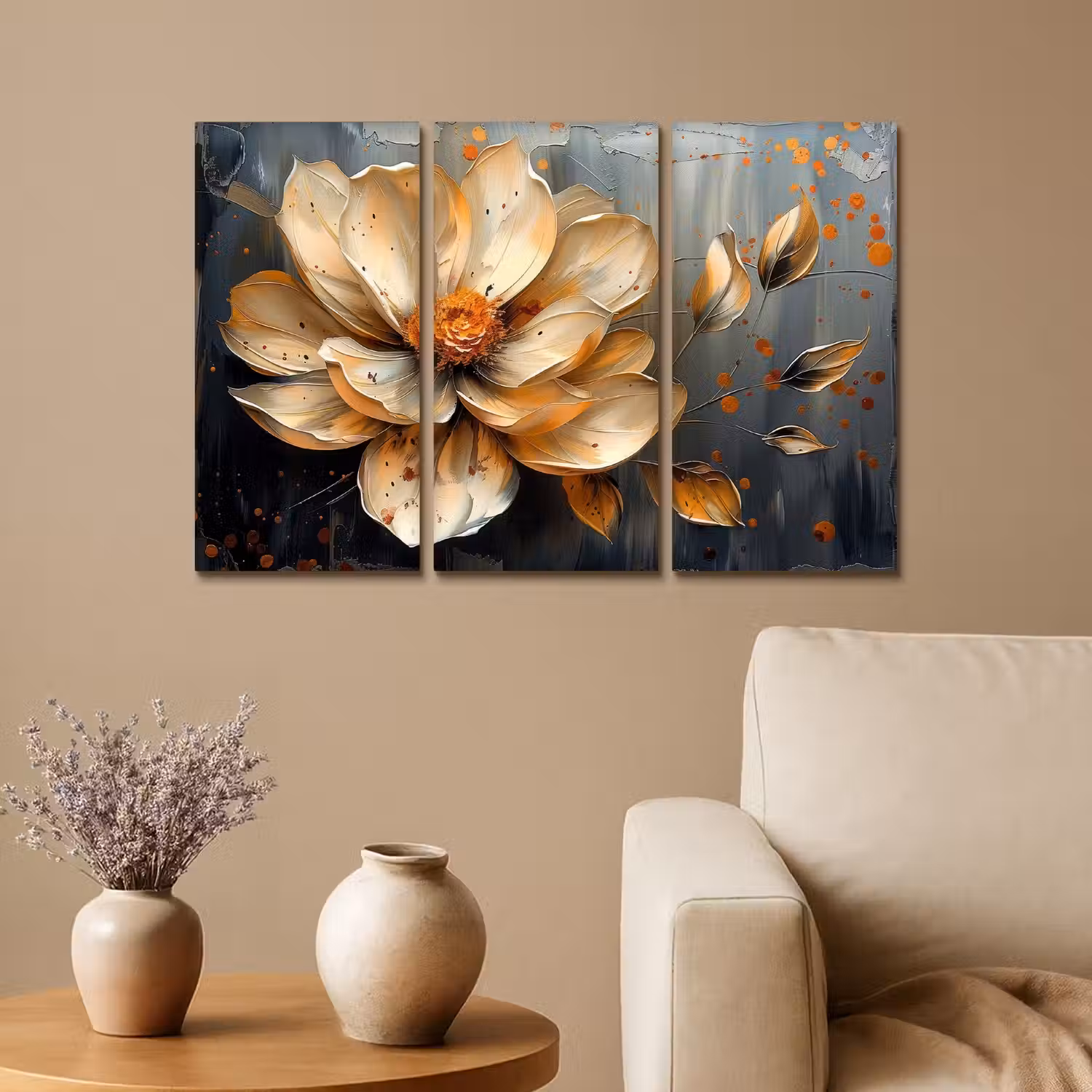Bloem - Goud - Abstract - Verf Canvas - Meerluiken 3 luik klein -sfeer1