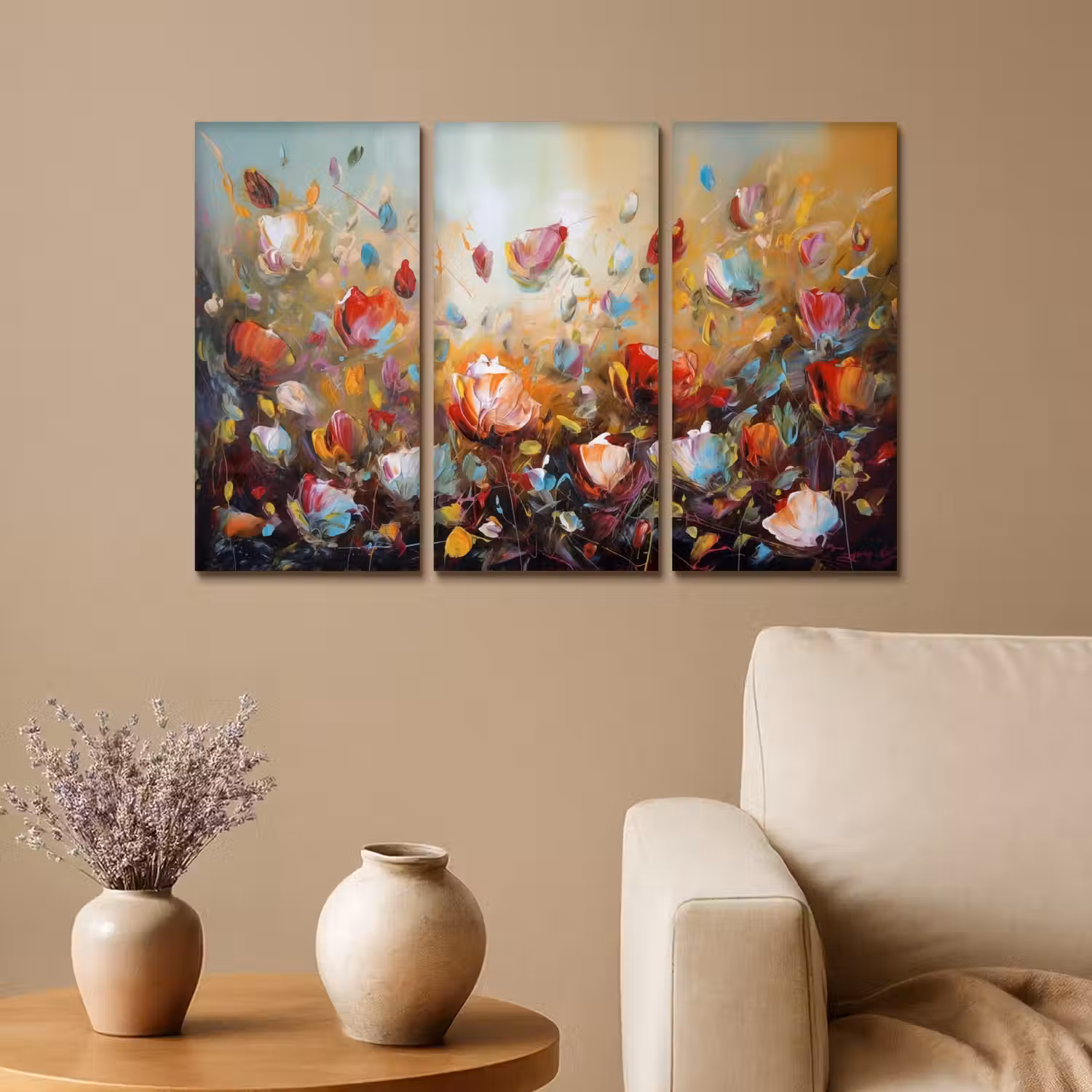 Bloemen - Abstract - Verflook - Kleurrijk Canvas - Meerluiken 3 luik klein -sfeer1