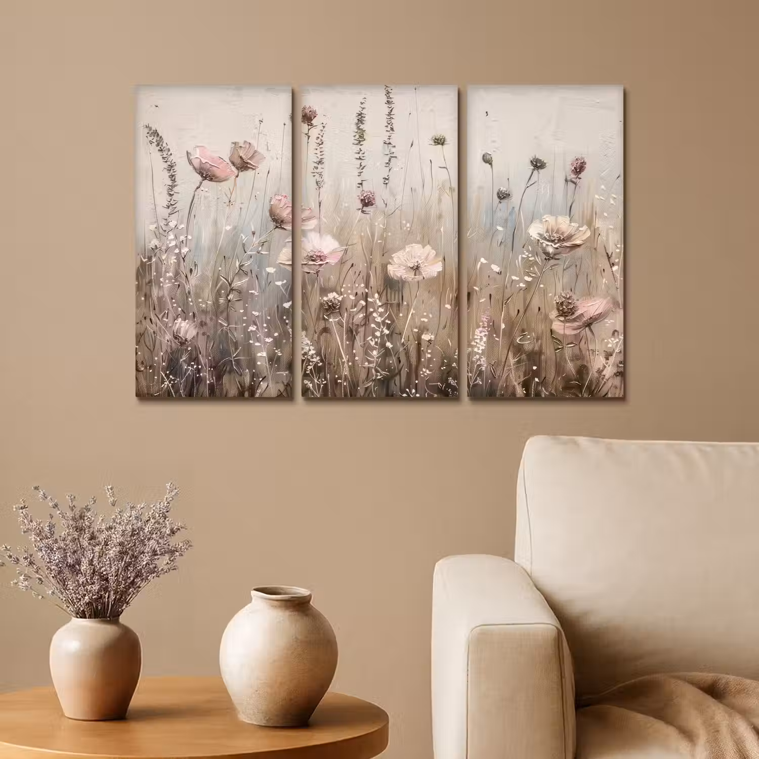 Bloemen - Beige - Modern - Roze Canvas - Meerluiken 3 luik klein -sfeer1