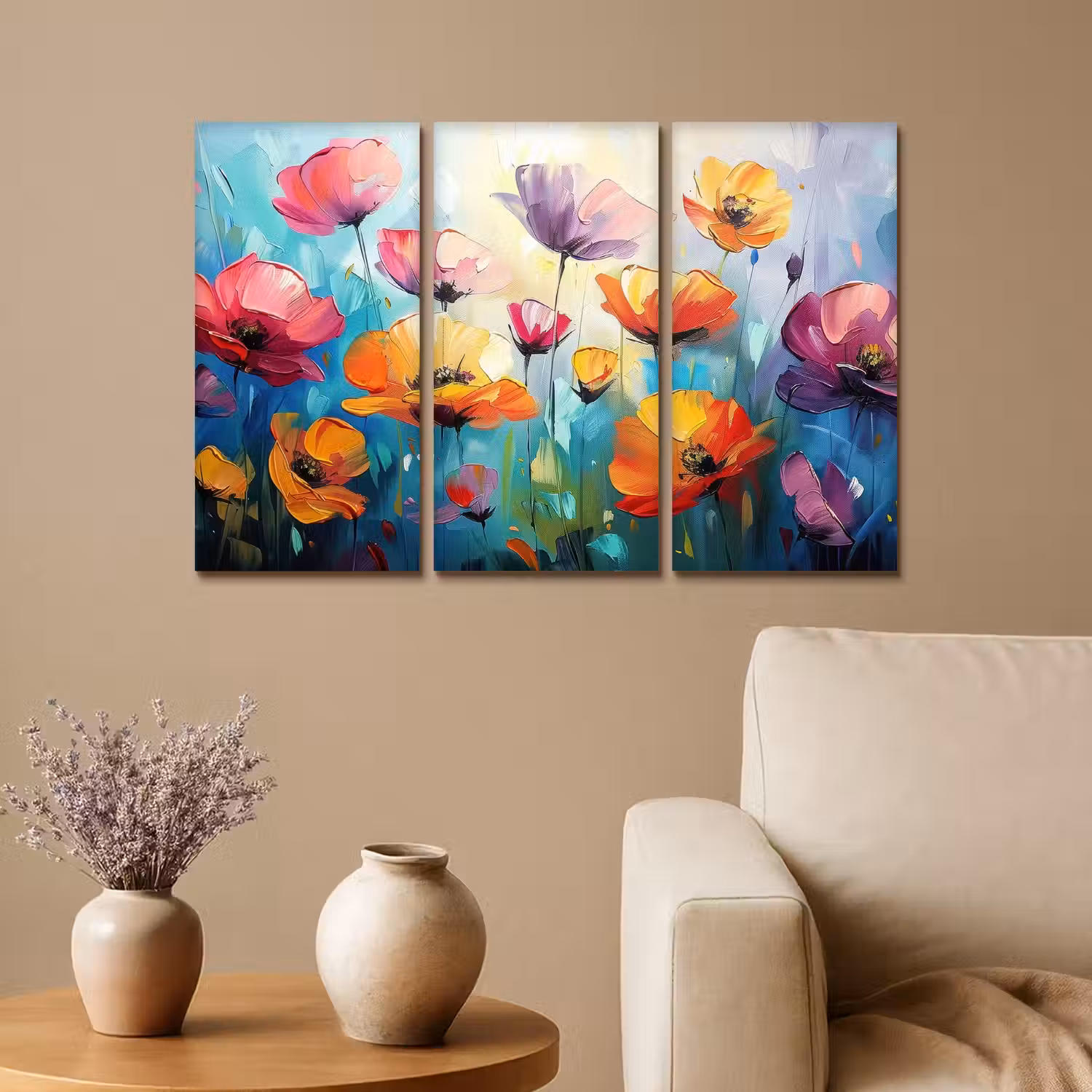 Bloemen - Kleurrijk - Abstract - Natuur Canvas - Meerluiken 3 luik klein -sfeer1