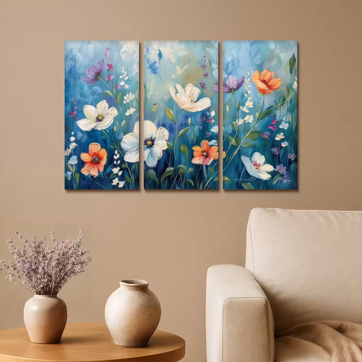 Bloemen - Kleurrijk - Blauw - Natuur Canvas - Meerluiken 3 luik klein -sfeer1