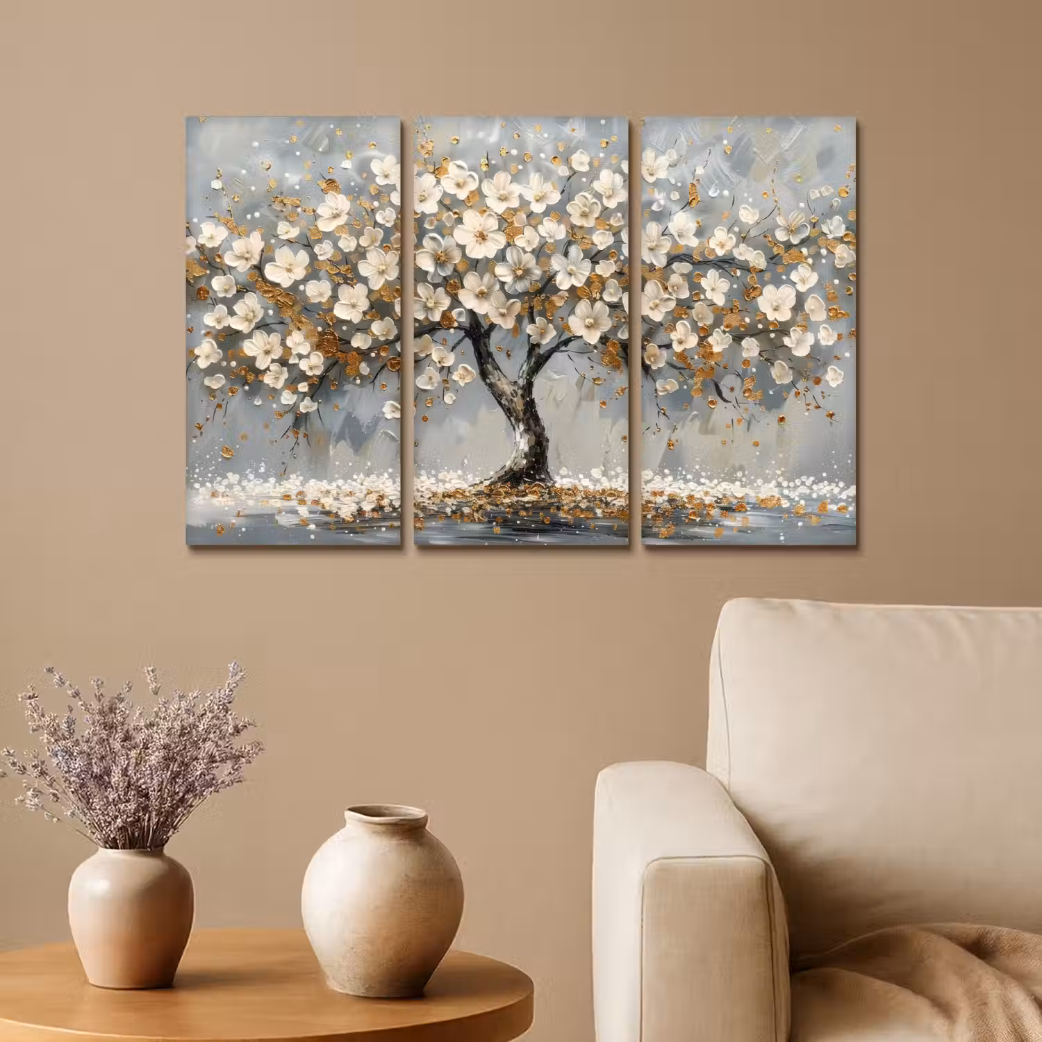 Boom - Abstract - Wit - Bloesem Canvas - Meerluiken 3 luik klein -sfeer1