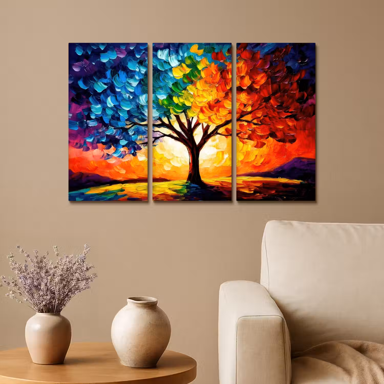 Boom - Kleurrijk - Verflook - Abstract Canvas - Meerluiken 3 luik klein -sfeer1