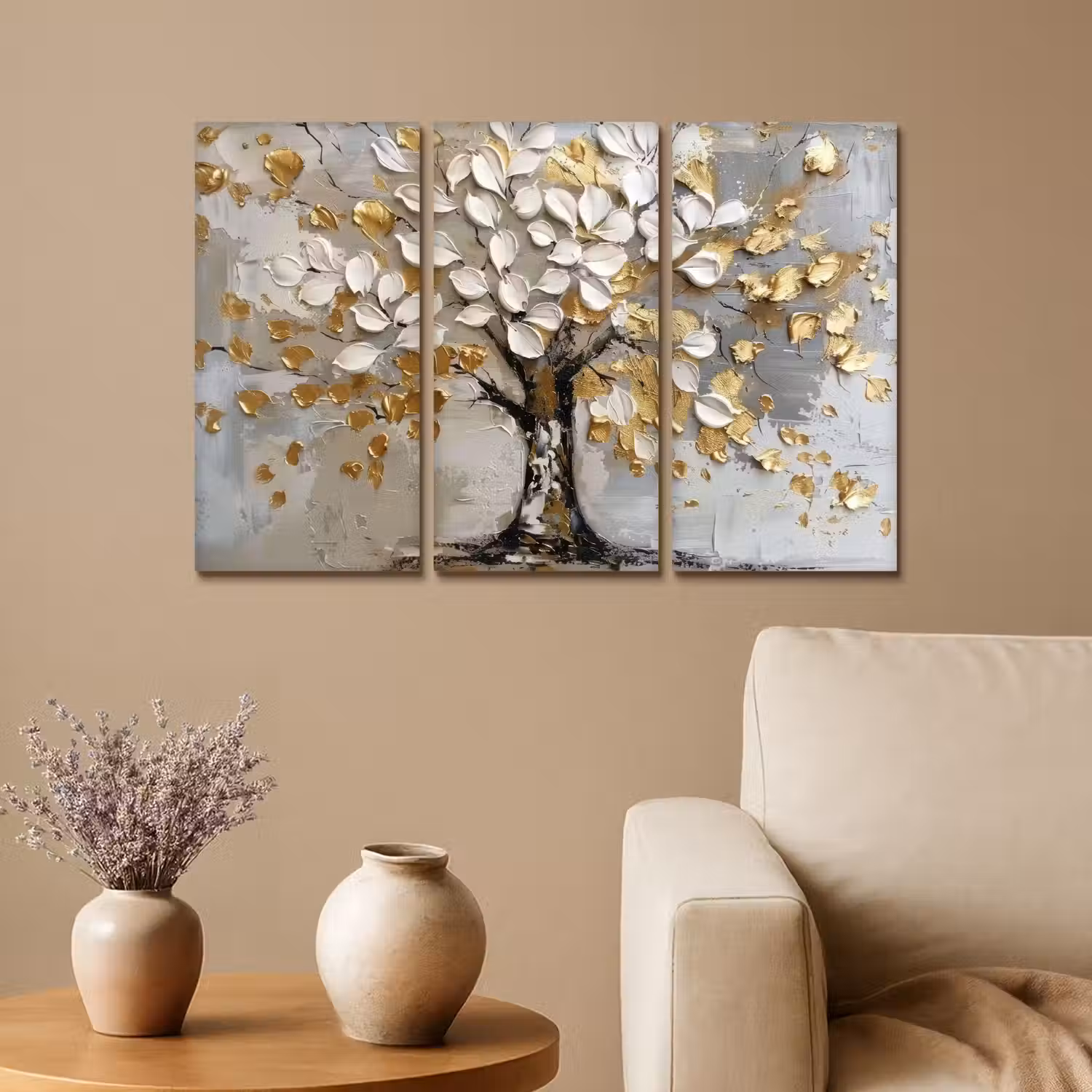 Boom - Wit - Goud - Verflook Canvas - Meerluiken 3 luik klein -sfeer1