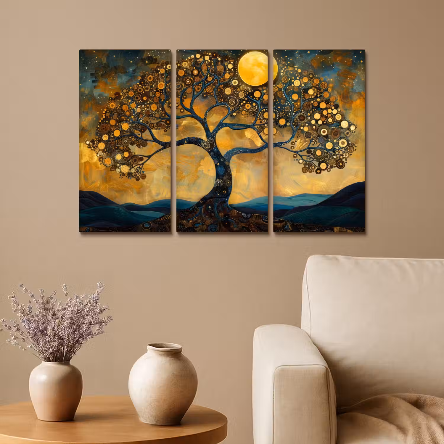 Boom - Geel - Abstract - Modern Canvas - Meerluiken 3 luik klein -sfeer1