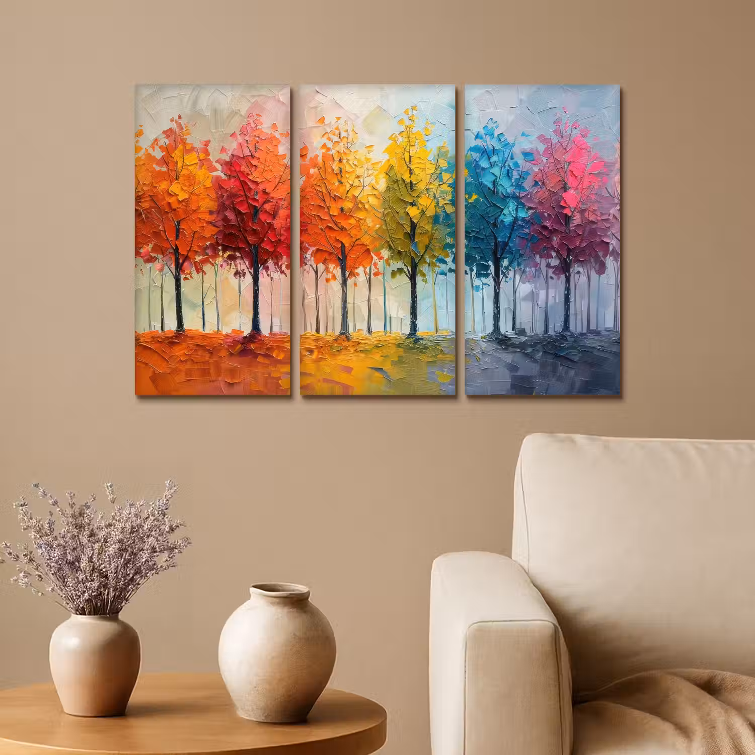 Bomen - Kleurrijk - Modern - Verflook Canvas - Meerluiken 3 luik klein -sfeer1