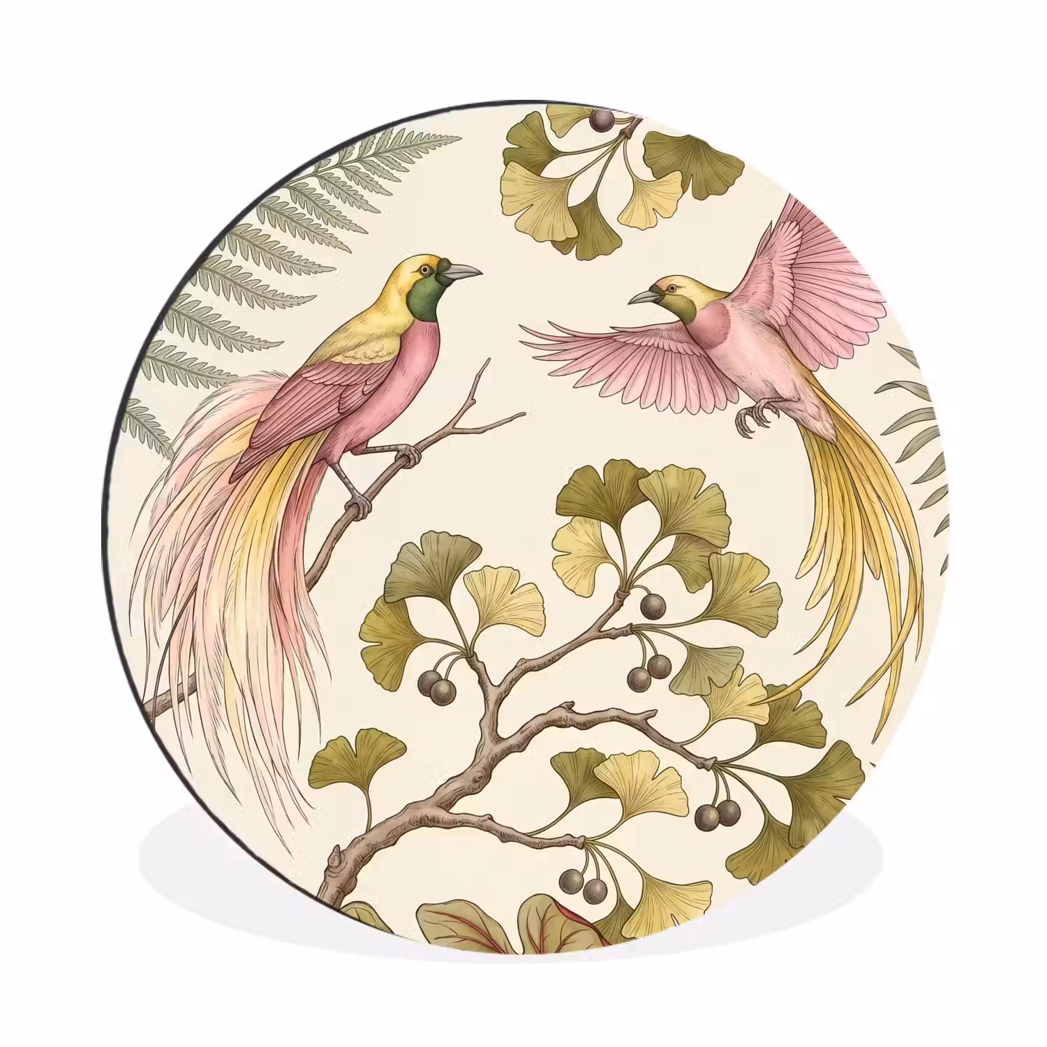 Vogels - Tropisch - Botanisch - Roze Wandcirkel aluminium klein -3d