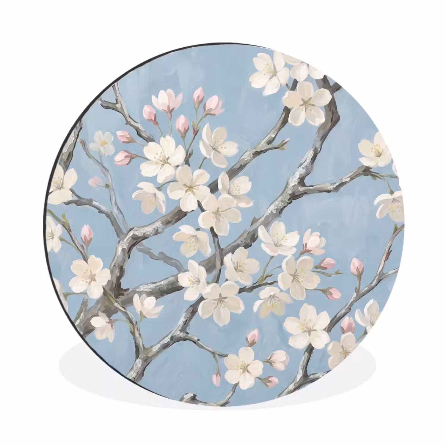 Takken - Kersenbloesem - Blauw Wandcirkel aluminium klein -3d