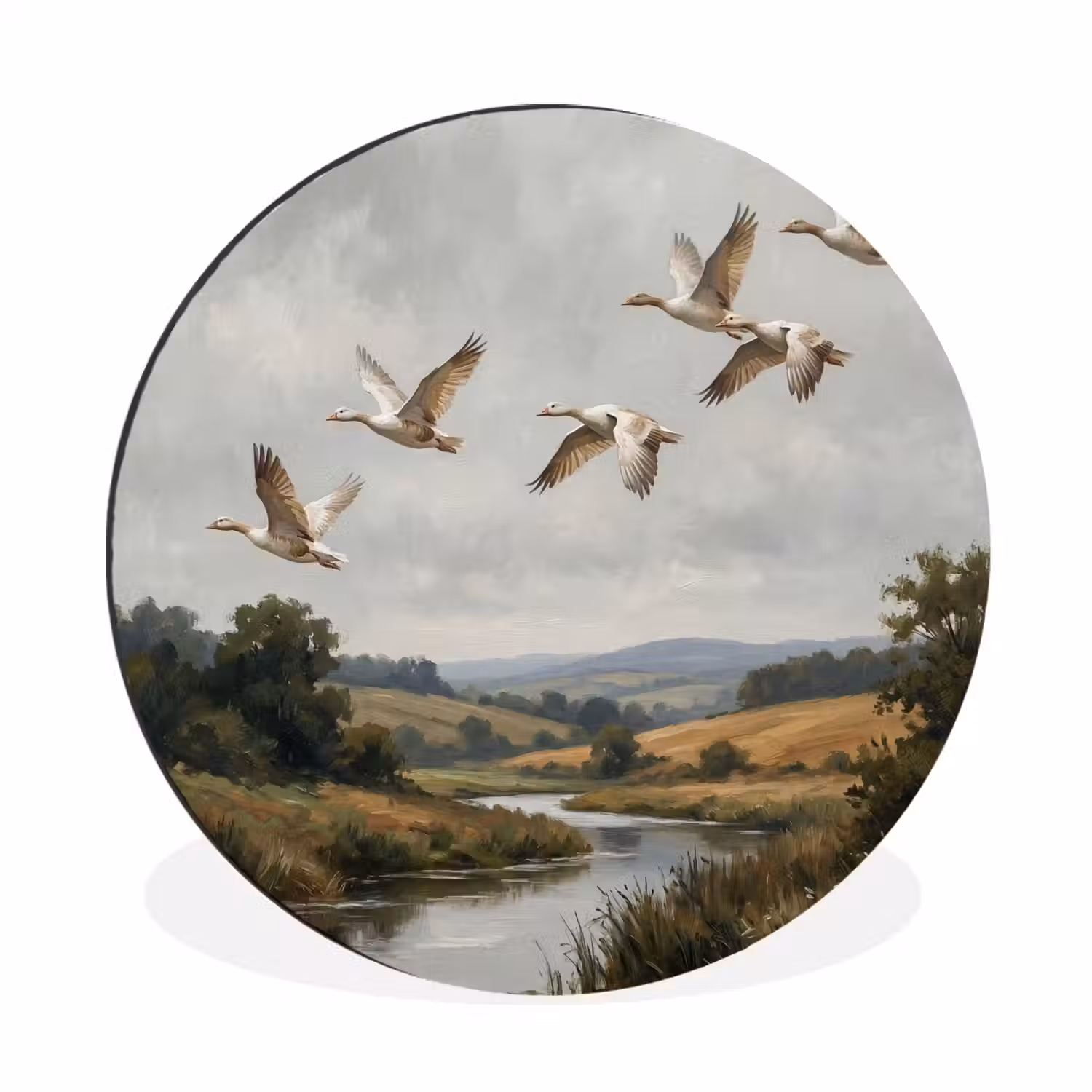 Eenden - Rivier - Landschap - Vlucht - Nostalgisch Wandcirkel aluminium klein -3d
