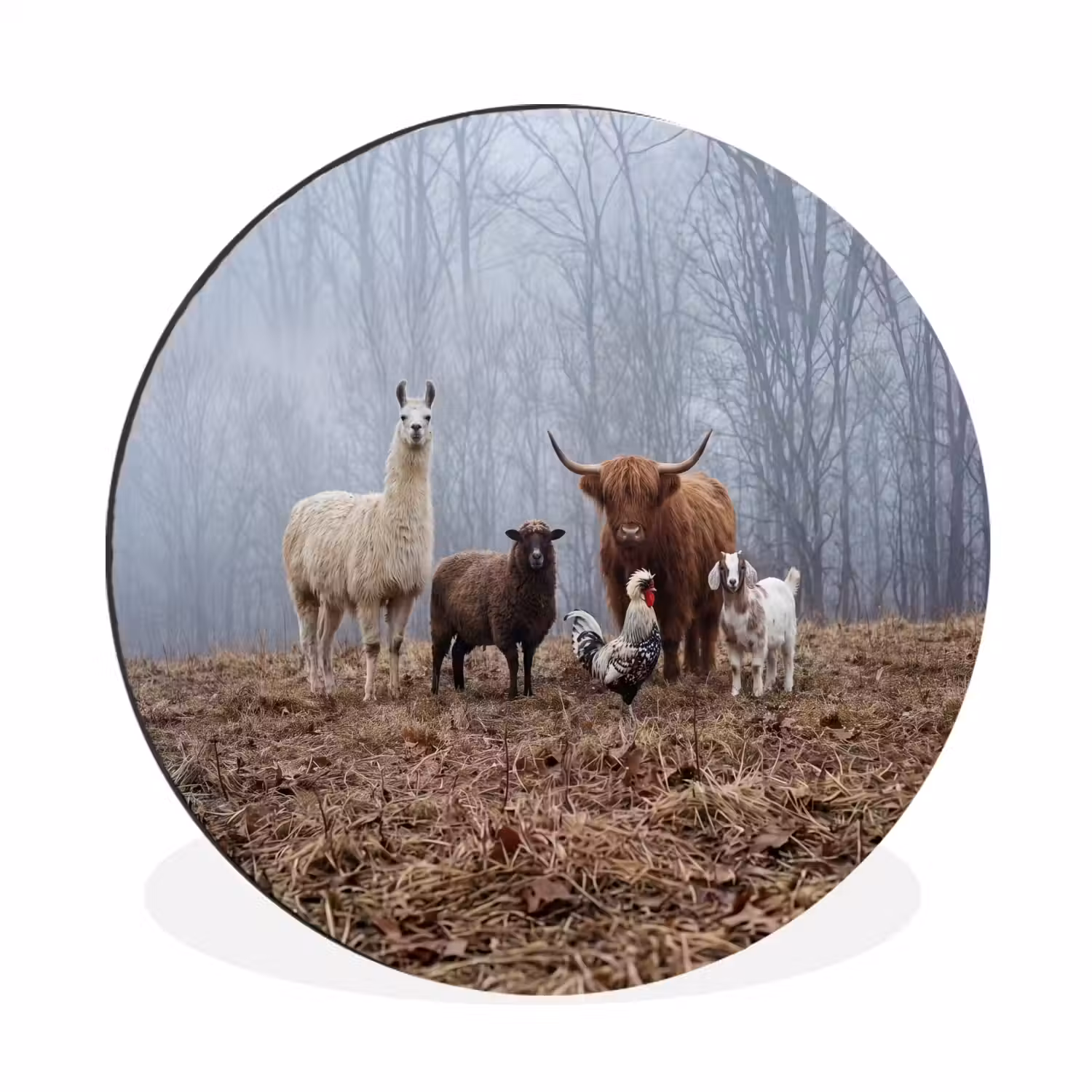 Boerderijdieren - Groep - Mist - Natuur - Rustiek Wandcirkel aluminium klein -3d