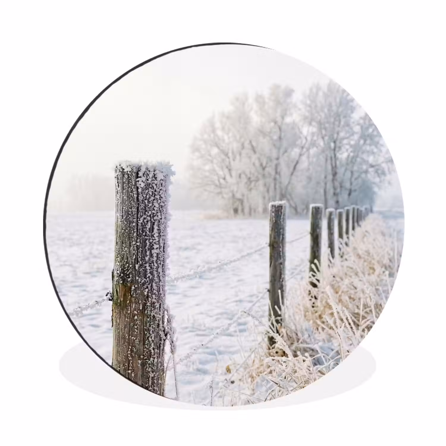 Hek - Sneeuw - Mist - Platteland - Nostalgisch Wandcirkel aluminium klein -3d