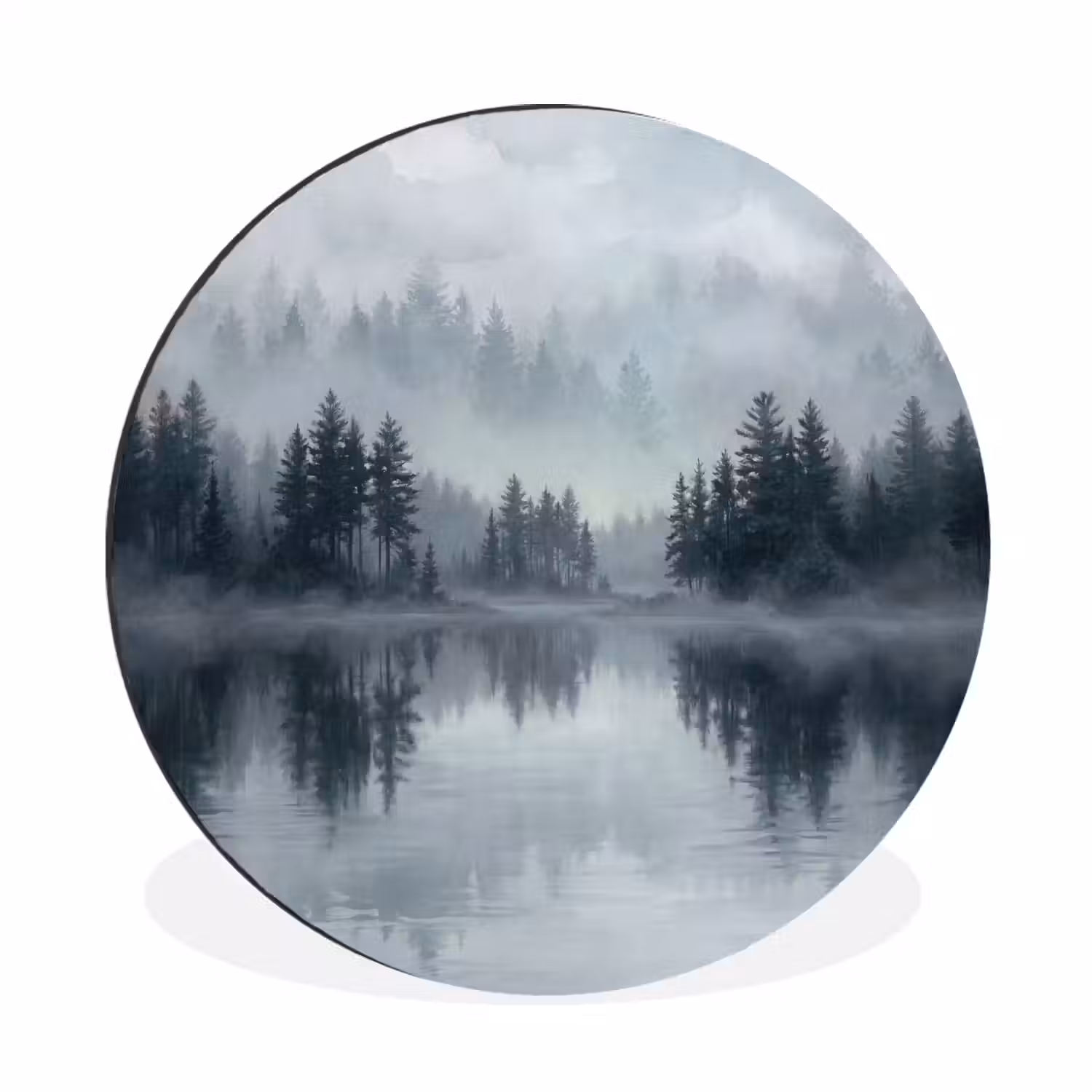 Bos - Meer - Mist - Natuur - Grijs Wandcirkel aluminium klein -3d
