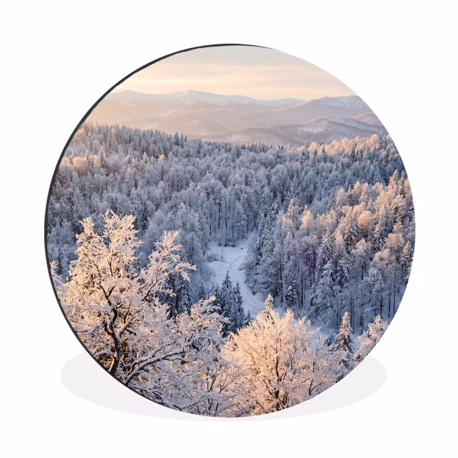 Bos - Bergen - Goud - Winter - Warm Wandcirkel aluminium klein -3d