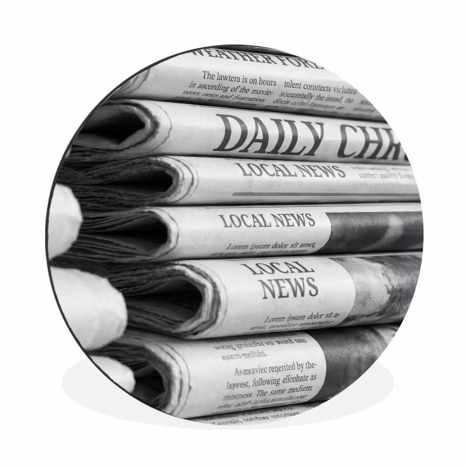 Krant - Stapel - Nieuws - Zwart-wit - Media Wandcirkel aluminium klein -3d