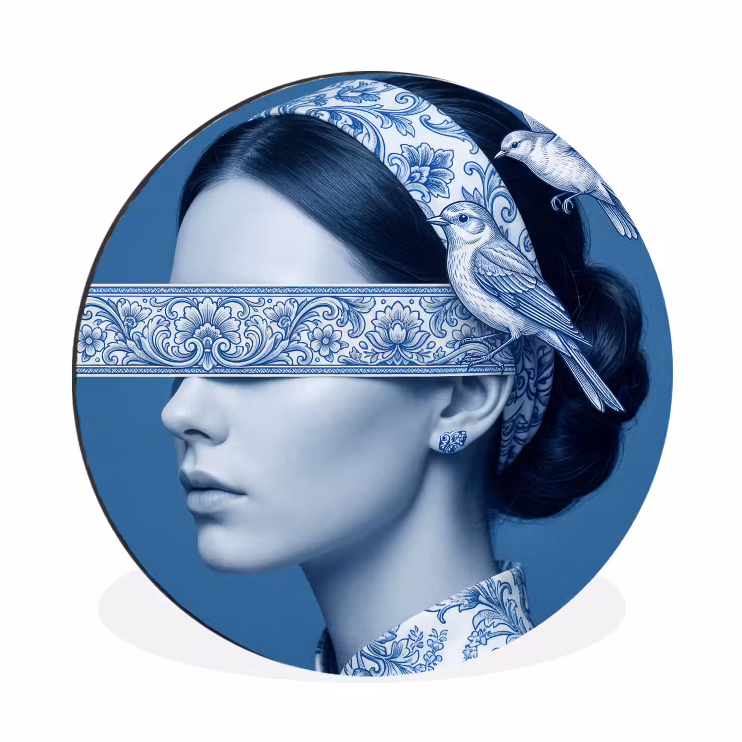 Portret - Klassiek - Wit - Blauw Wandcirkel aluminium klein -3d