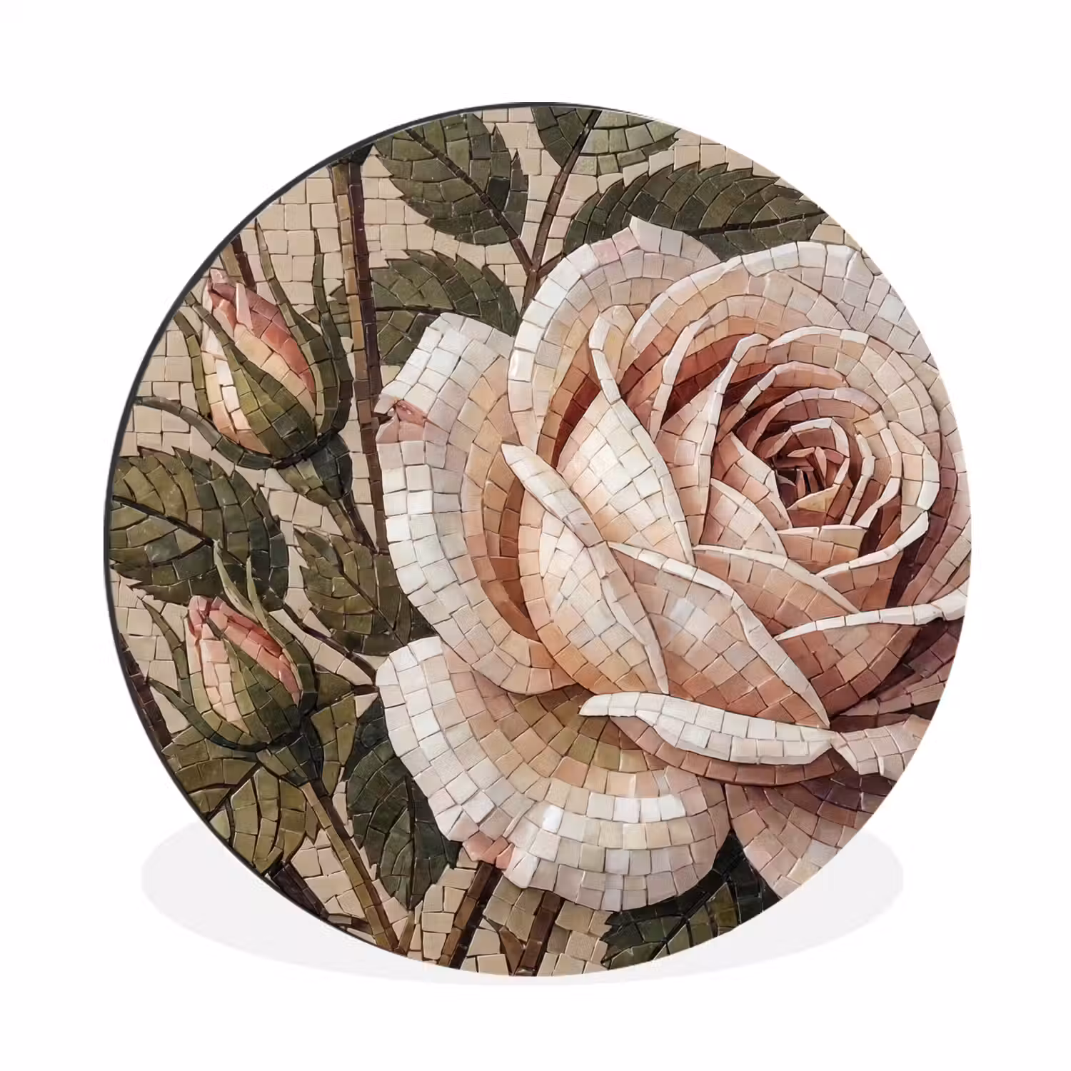 Roos - Mozaïek - Bloemen - Klassiek - Beige Wandcirkel aluminium klein -3d