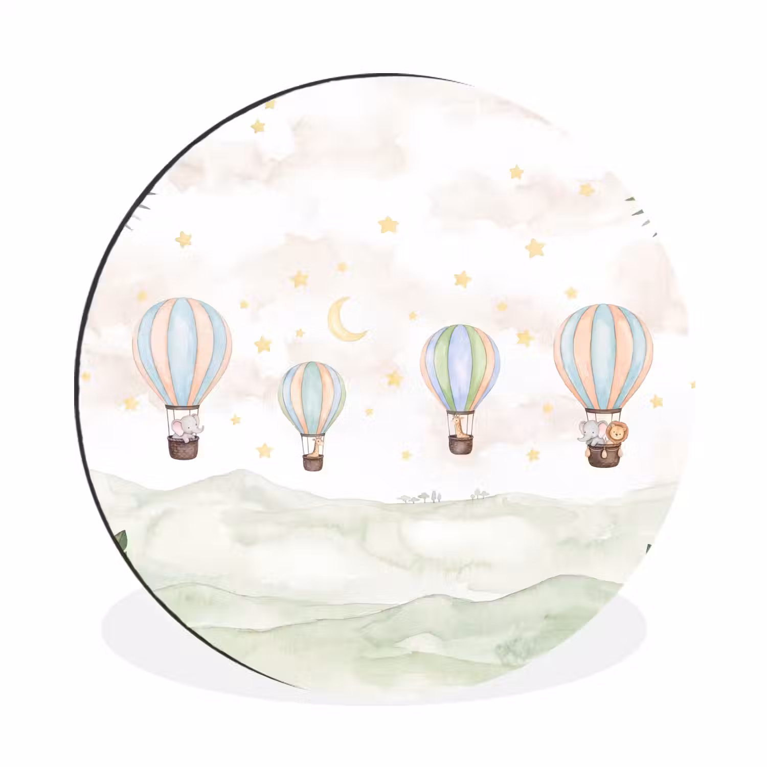 Aquarel - Luchtballonnen - Pastel Wandcirkel aluminium klein -3d