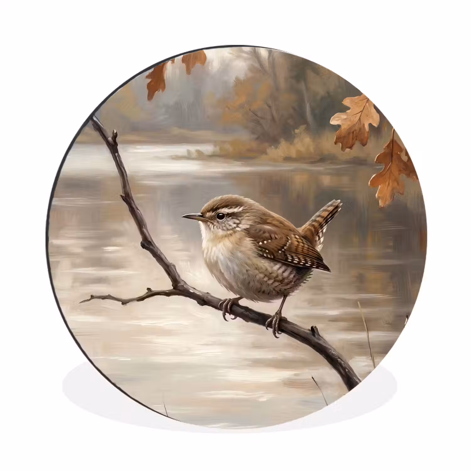 Winterkoninkje - Tak - Rivier - Natuur - Sfeervol Wandcirkel aluminium klein -3d
