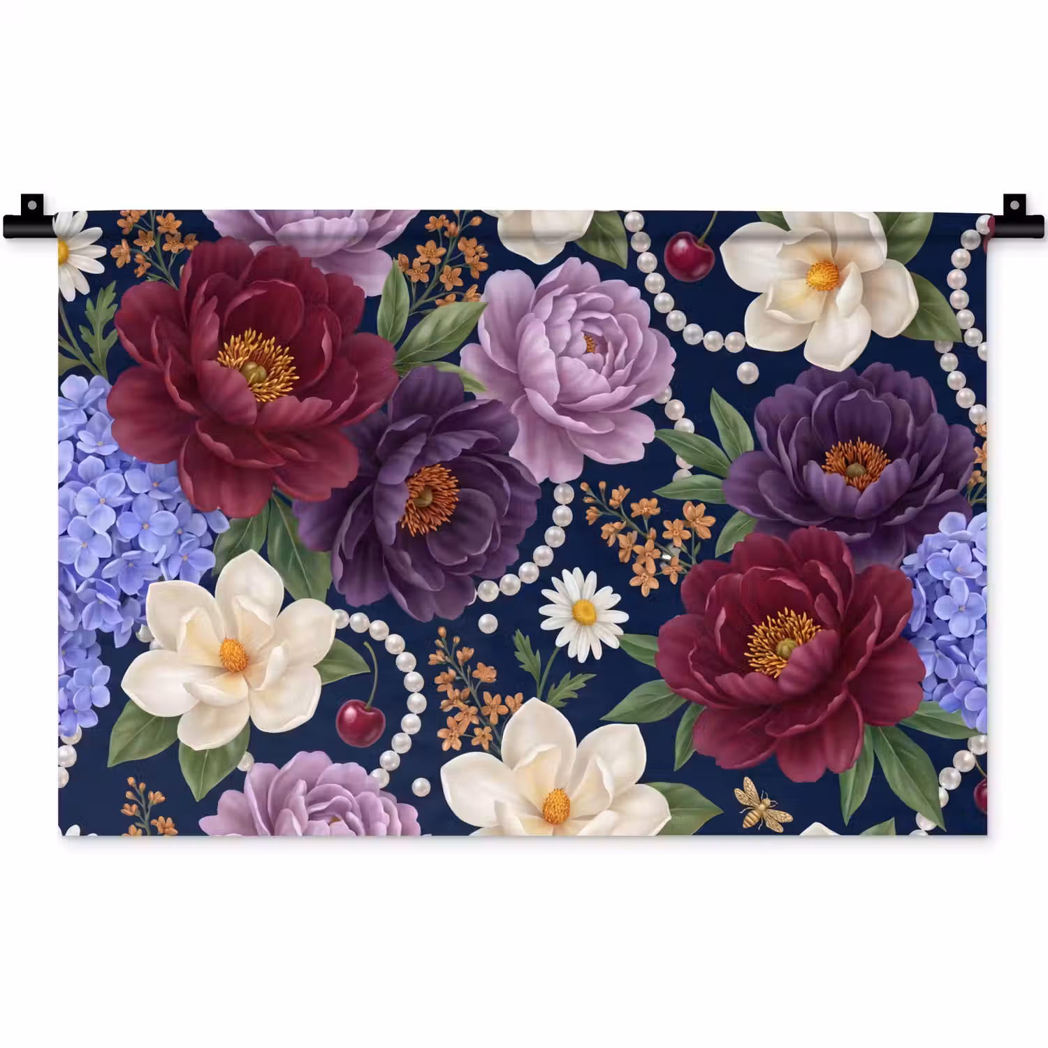 Bloemen - Parels - Decoratie - Modern - Blauw Wandkleed katoen klein -zz3d