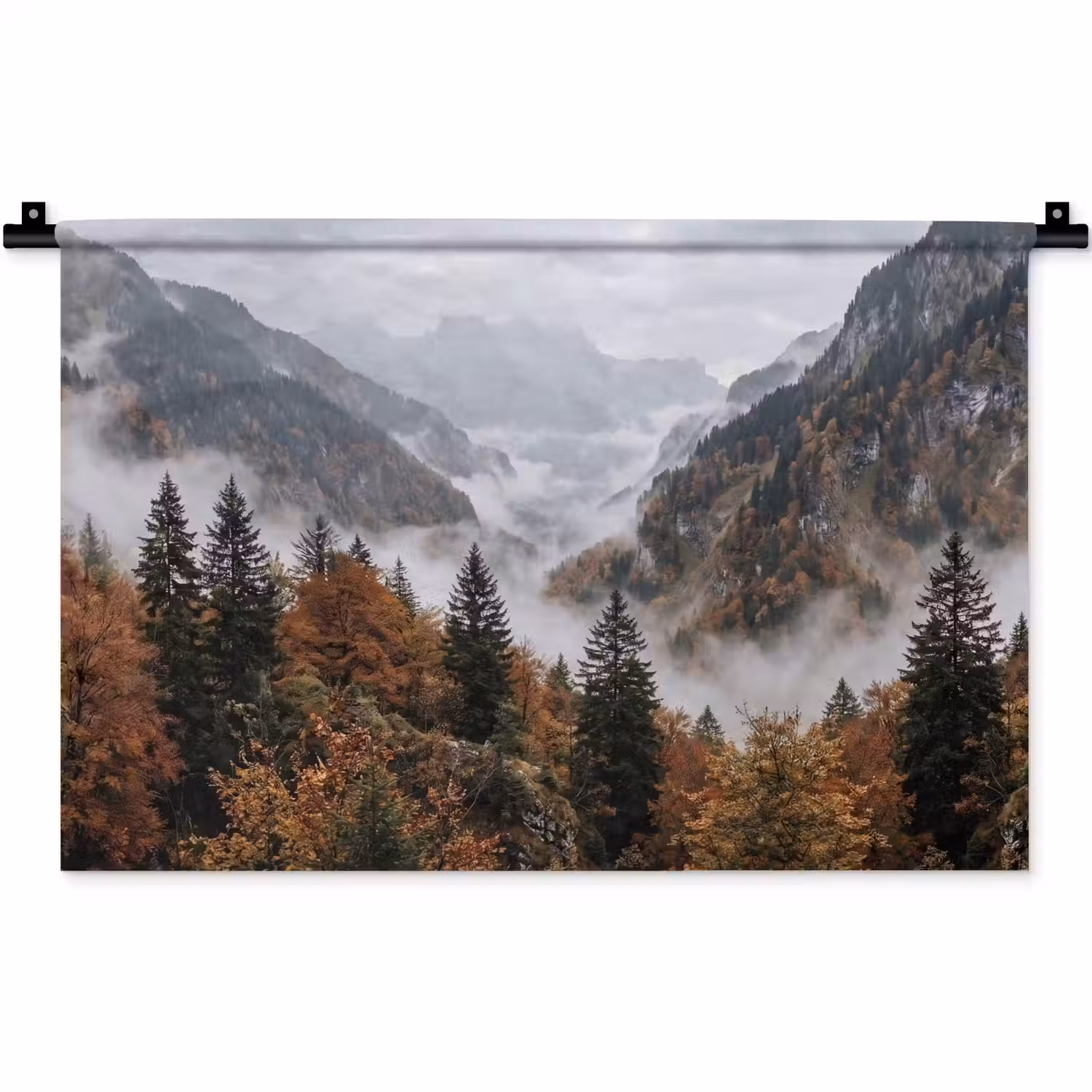 Bergen - Vallei - Mist - Herfst - Natuur Wandkleed katoen klein -zz3d