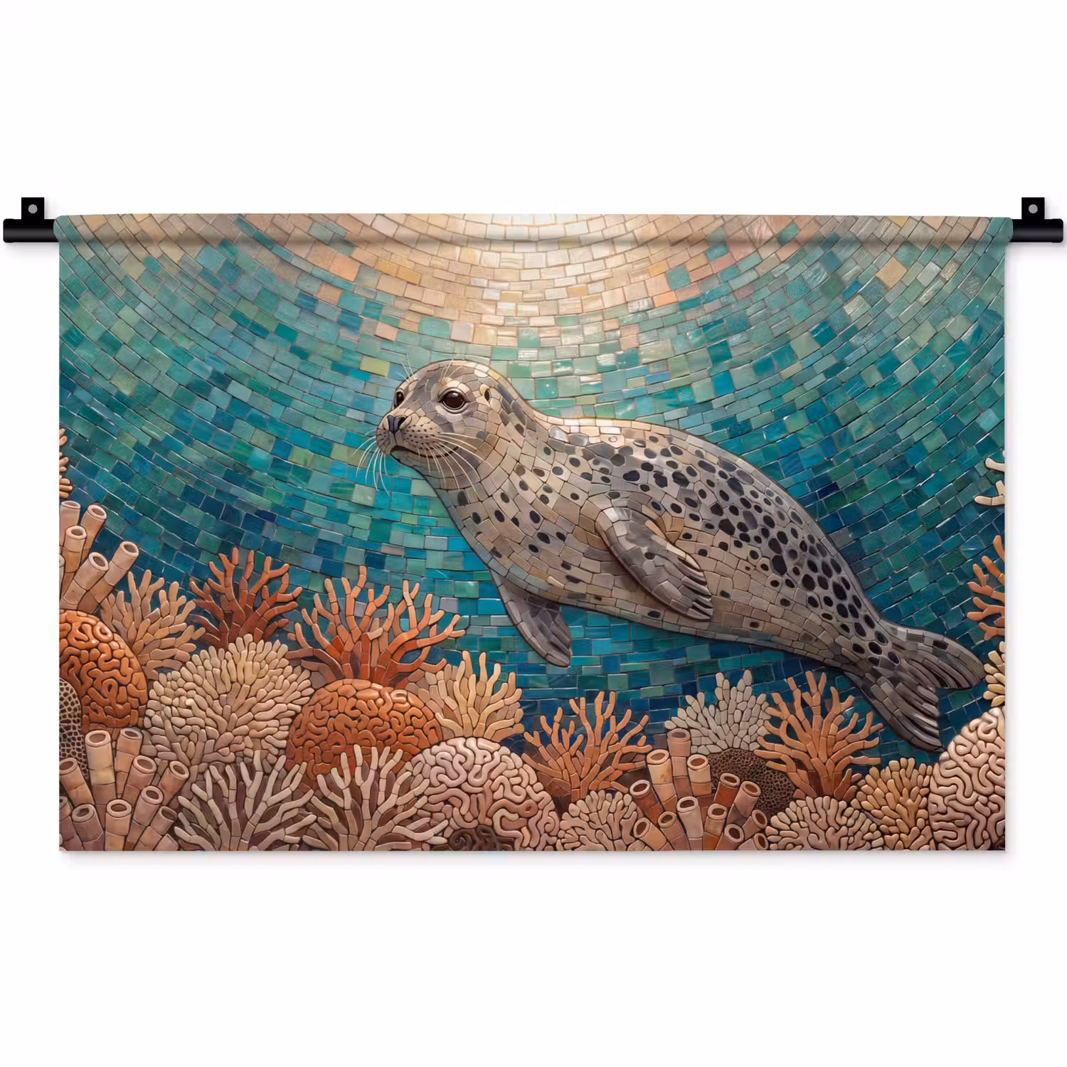Zeehond - Mozaïek - Onderwater - Dieren - Blauw Wandkleed katoen klein -zz3d
