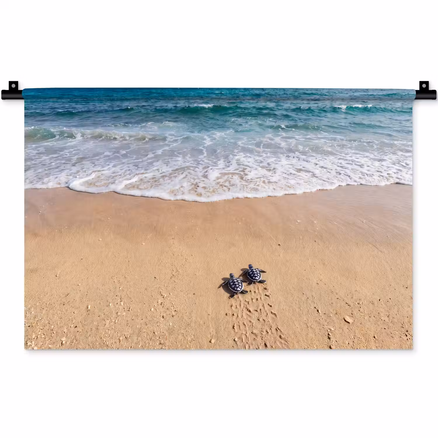 Schildpad - Jong - Strand - Oceaan - Blauw Wandkleed katoen klein -zz3d