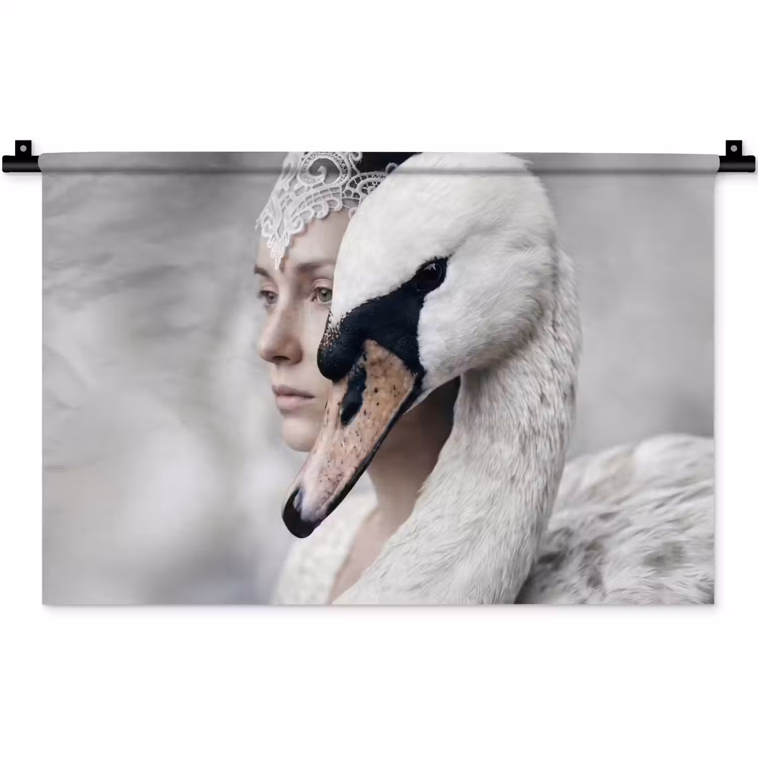 Vrouw - Zwaan - Wit Wandkleed katoen klein -zz3d
