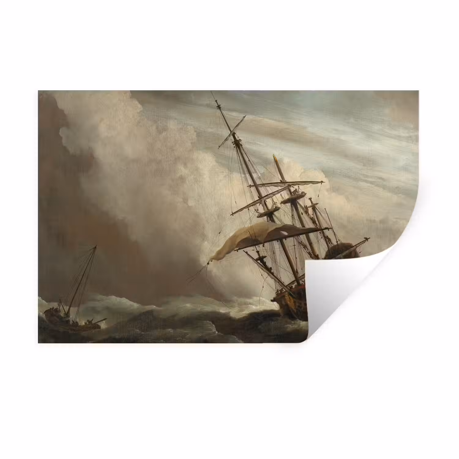 Een schip in volle zee bij vliegende storm - Schilderij van Willem van de Velde Muursticker klein -3d