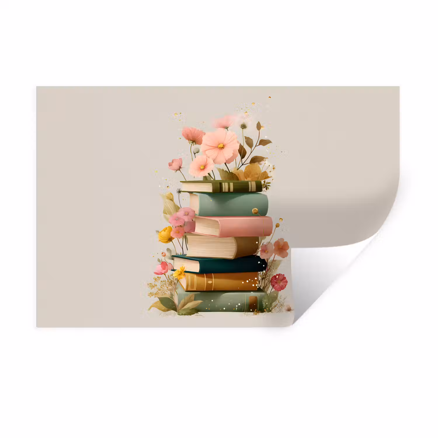 Boeken - Stapel - Bloemen - Kleurrijk Muursticker klein -3d