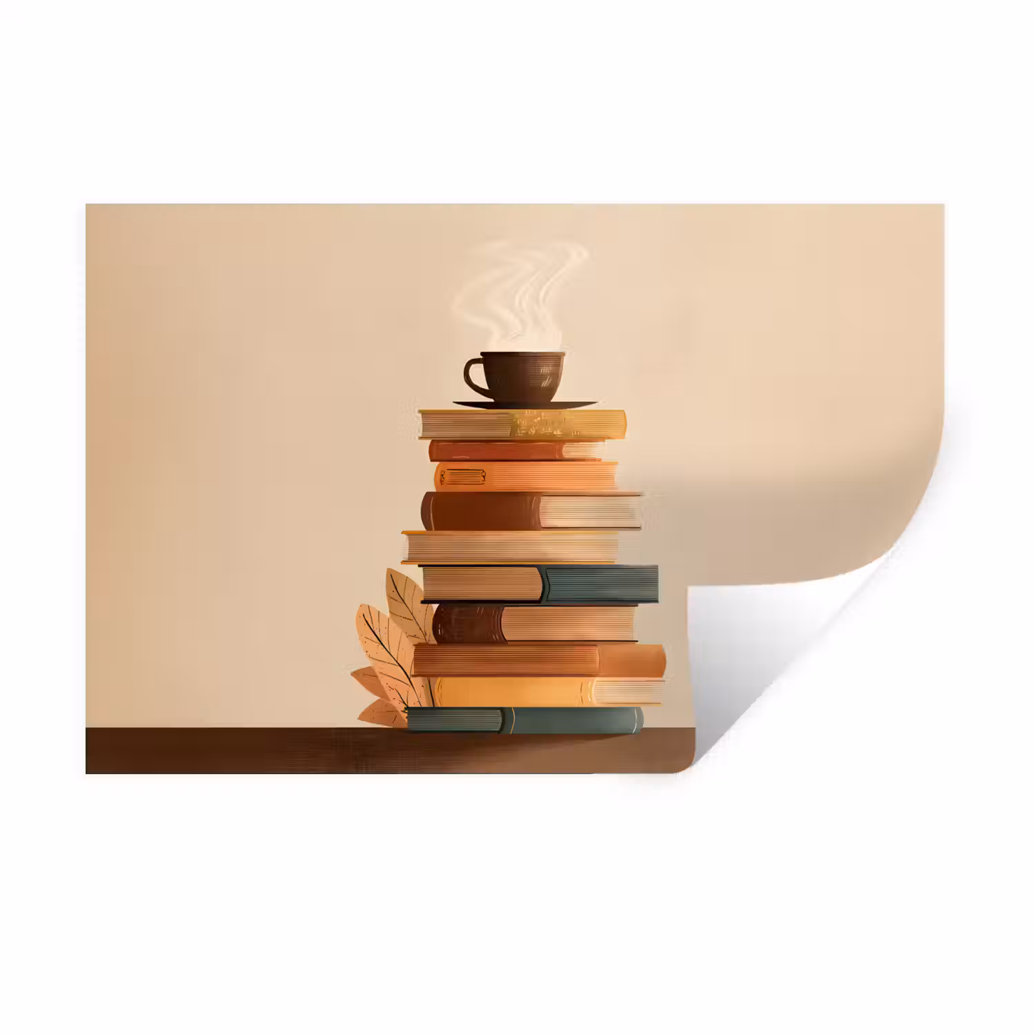 Boeken - Toren - Koffie - Beige Muursticker klein -3d