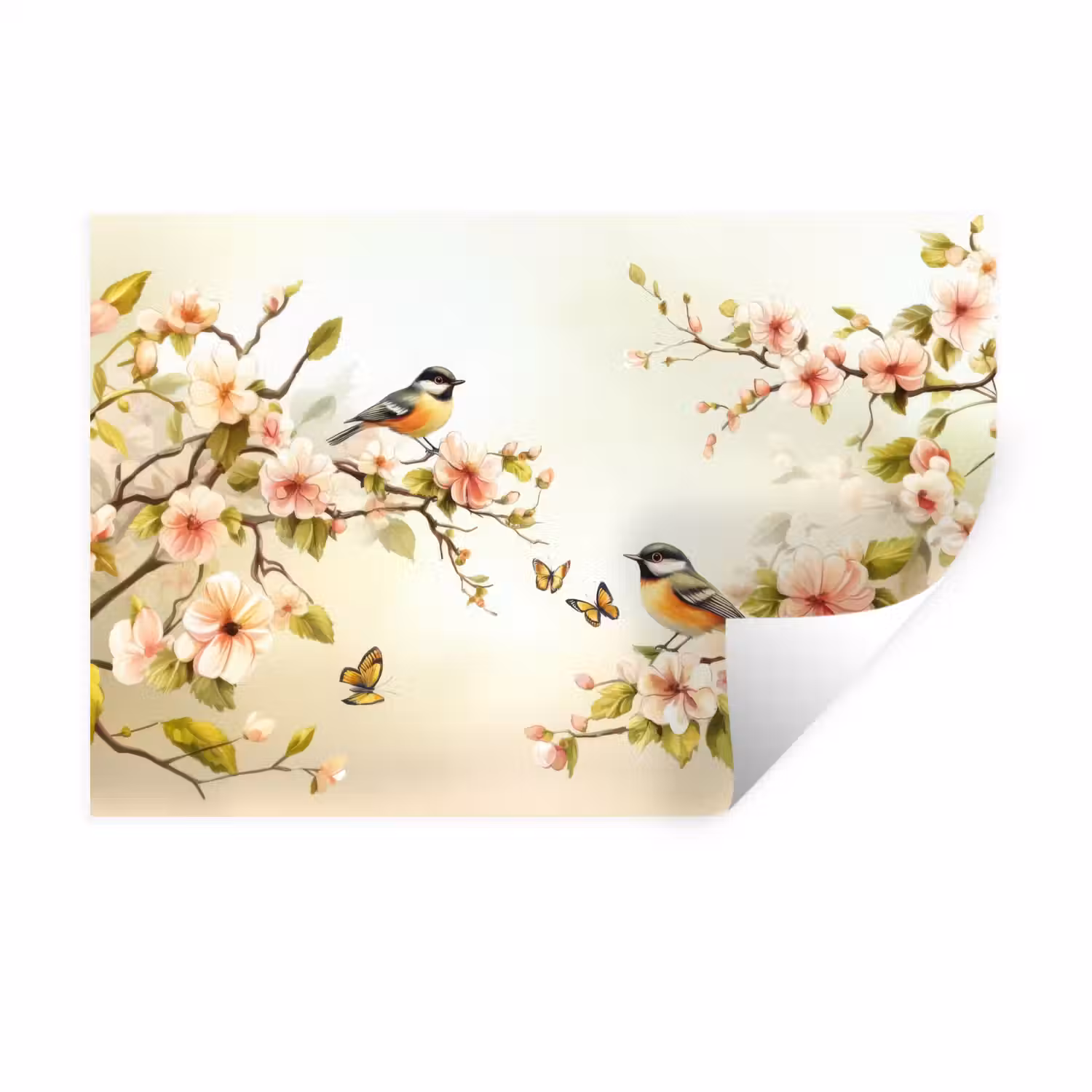 Takken - Bloemen - Vogeltjes - Roze Muursticker klein -3d